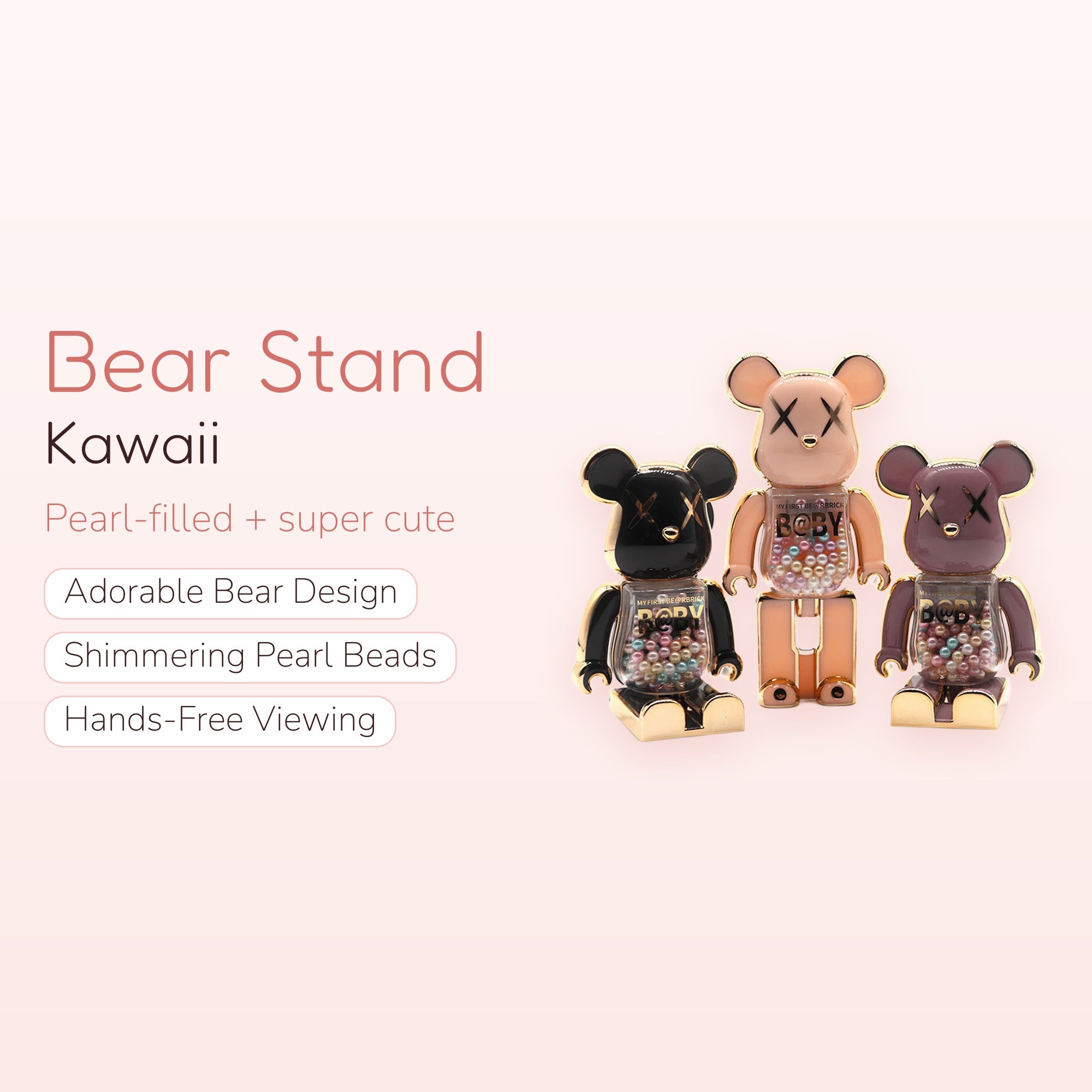 Kawaii Bear Phone Stand | Pearl Bead Bearbrick Phone Holder | Cute Desk Accessory | Y2K Aesthetic | Gift for Her