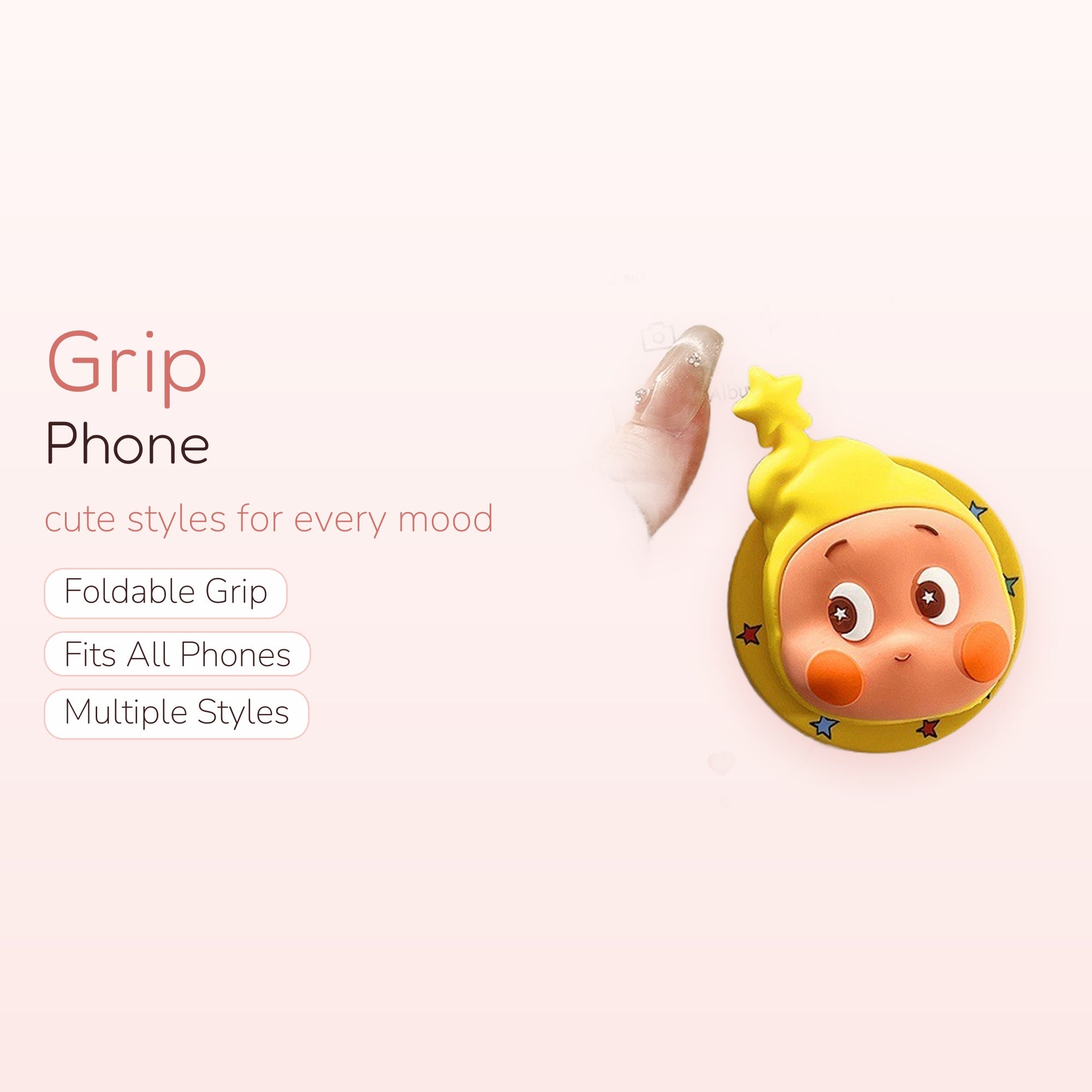 Cute Yellow Star Hat Character Phone Grip | Kawaii Cartoon Pop Socket Stand