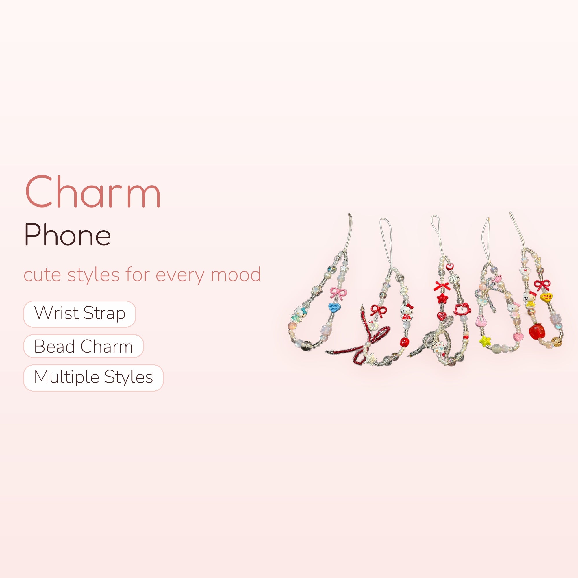 Kawaii Hello Kitty & Pearl Phone Charm Strap | Beaded Wrist Lanyard with Bows & Hearts
