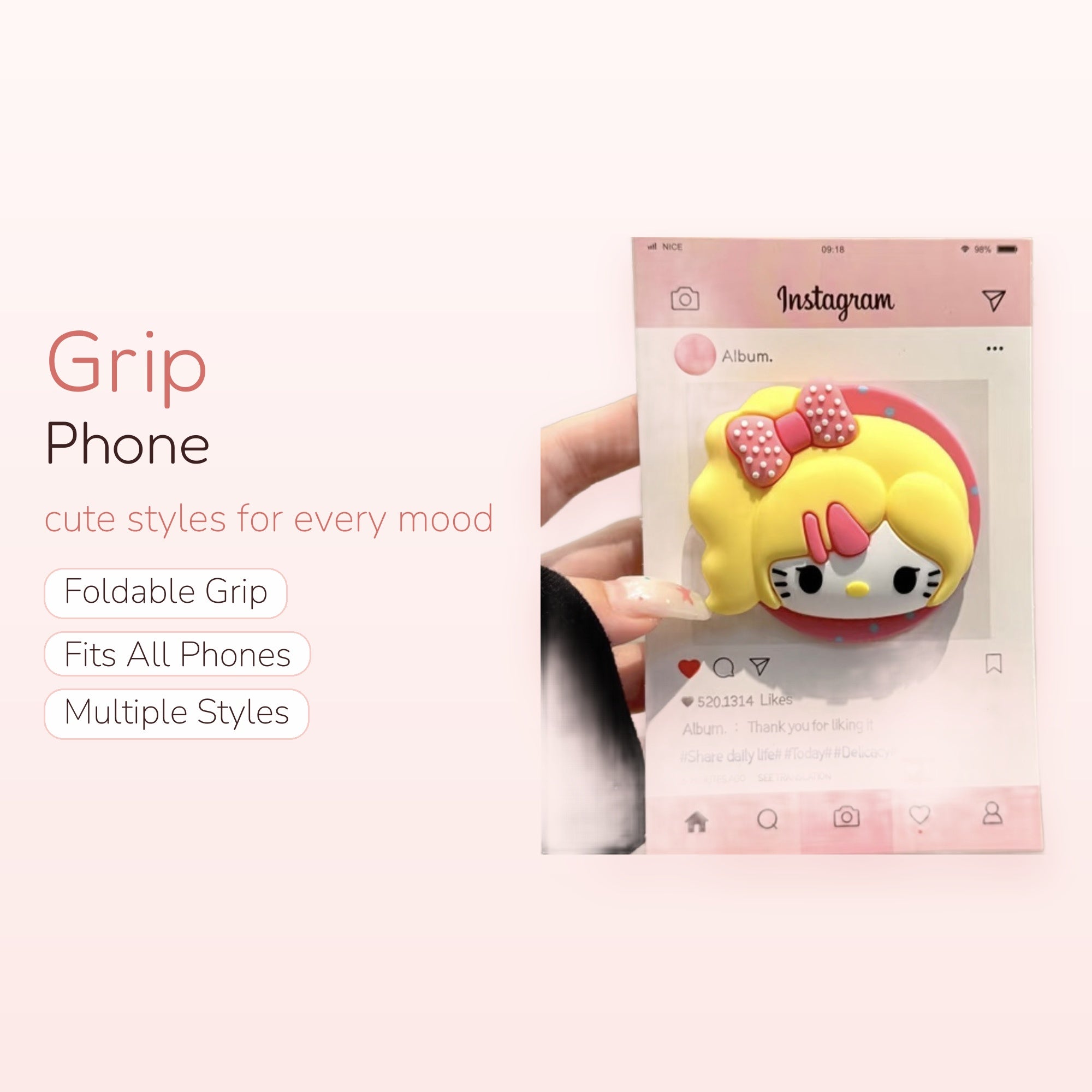 Kawaii Hello Kitty Instagram Post Phone Grip | Cute Pink Pop Socket Stand