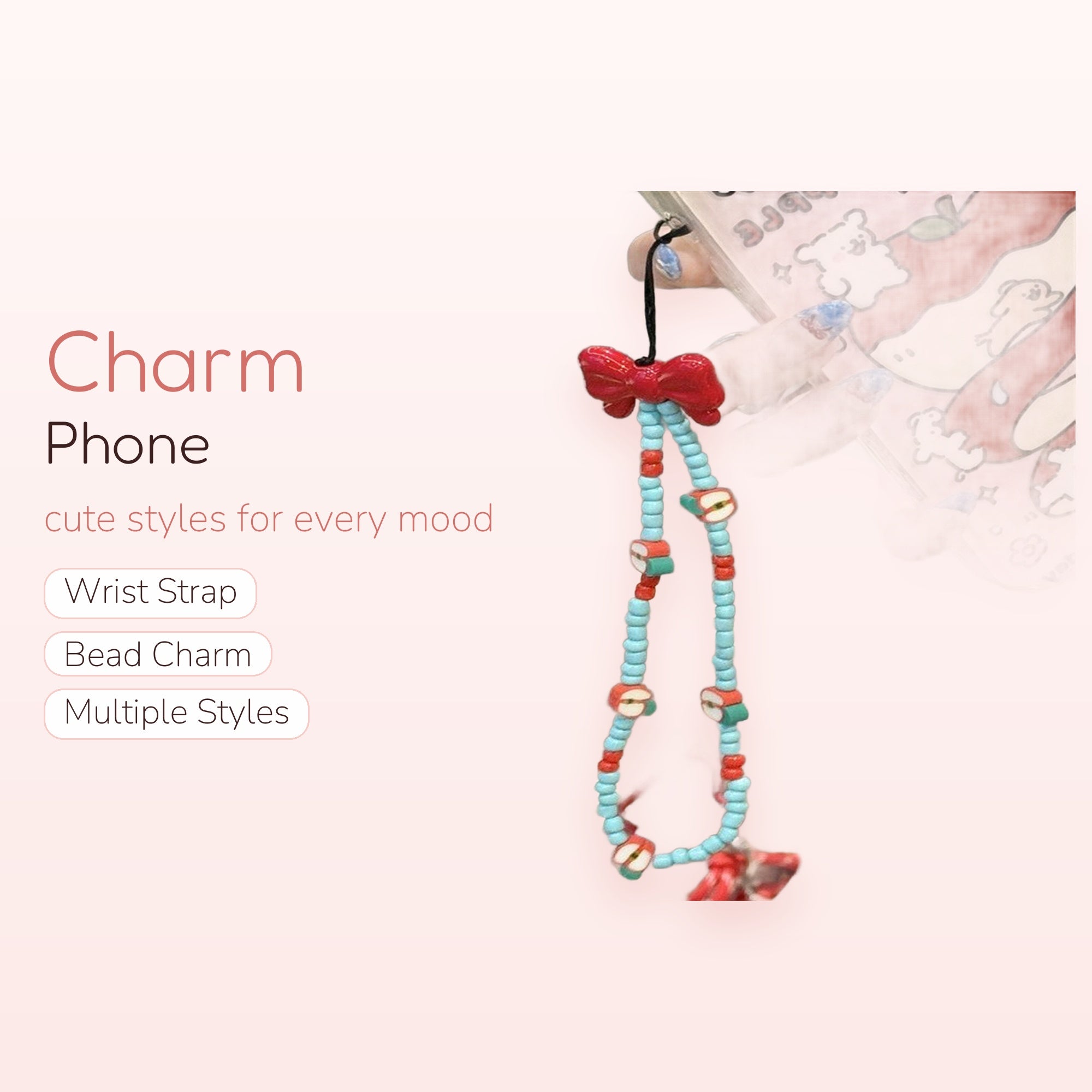 Cute Red Bow & Apple Beaded Phone Charm | Aesthetic Blue & Red Wrist Strap