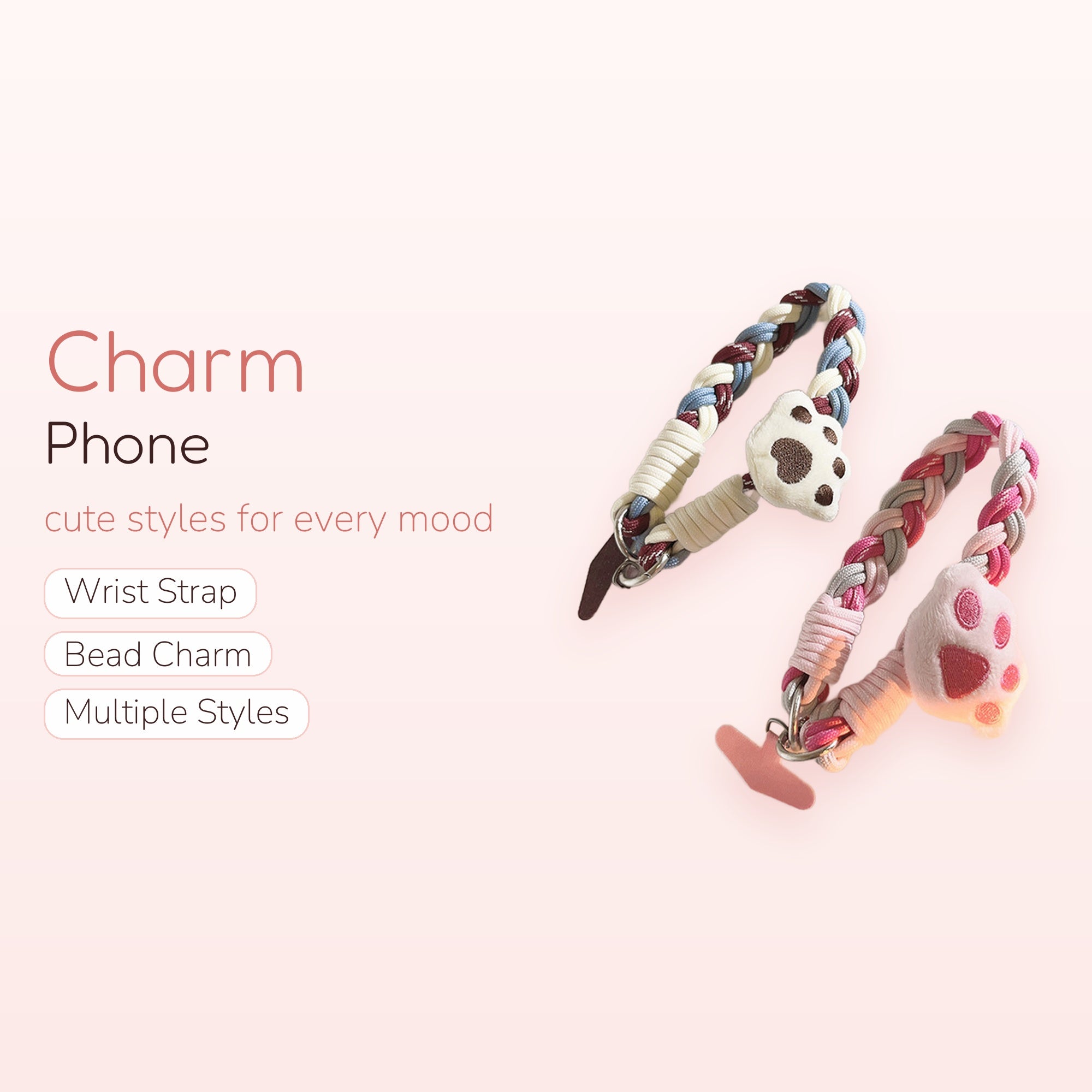Braided Paw Print Phone Charm Strap | Cute Plush Animal Paw Wrist Lanyard