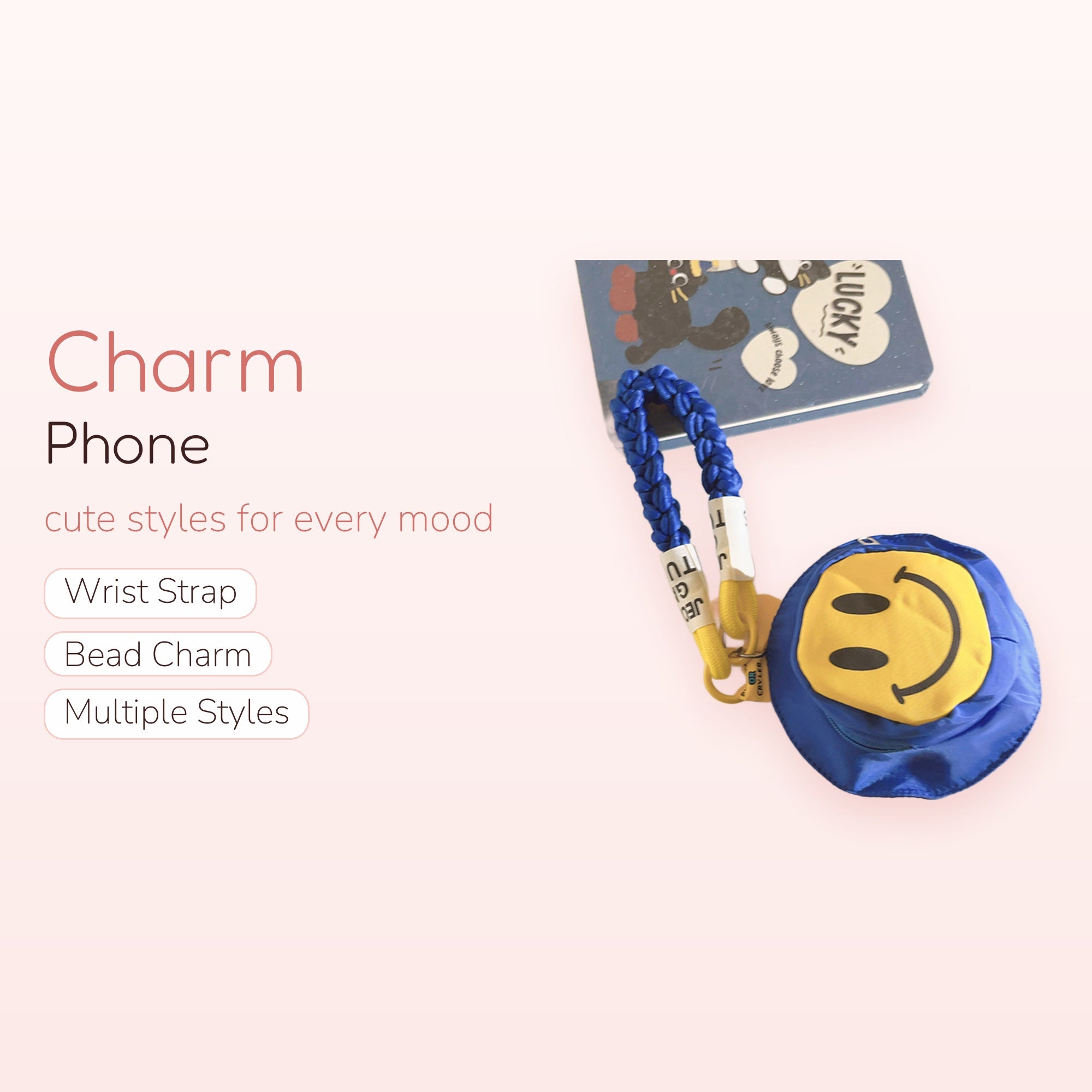 Blue Braided Rope Phone Charm | Cute Smiley Face Pouch Wrist Lanyard