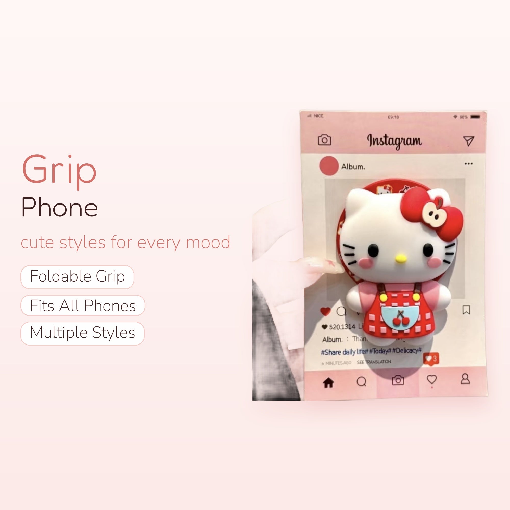 Kawaii Hello Kitty Apple Phone Grip | Cute Red Plaid Pop Socket Stand