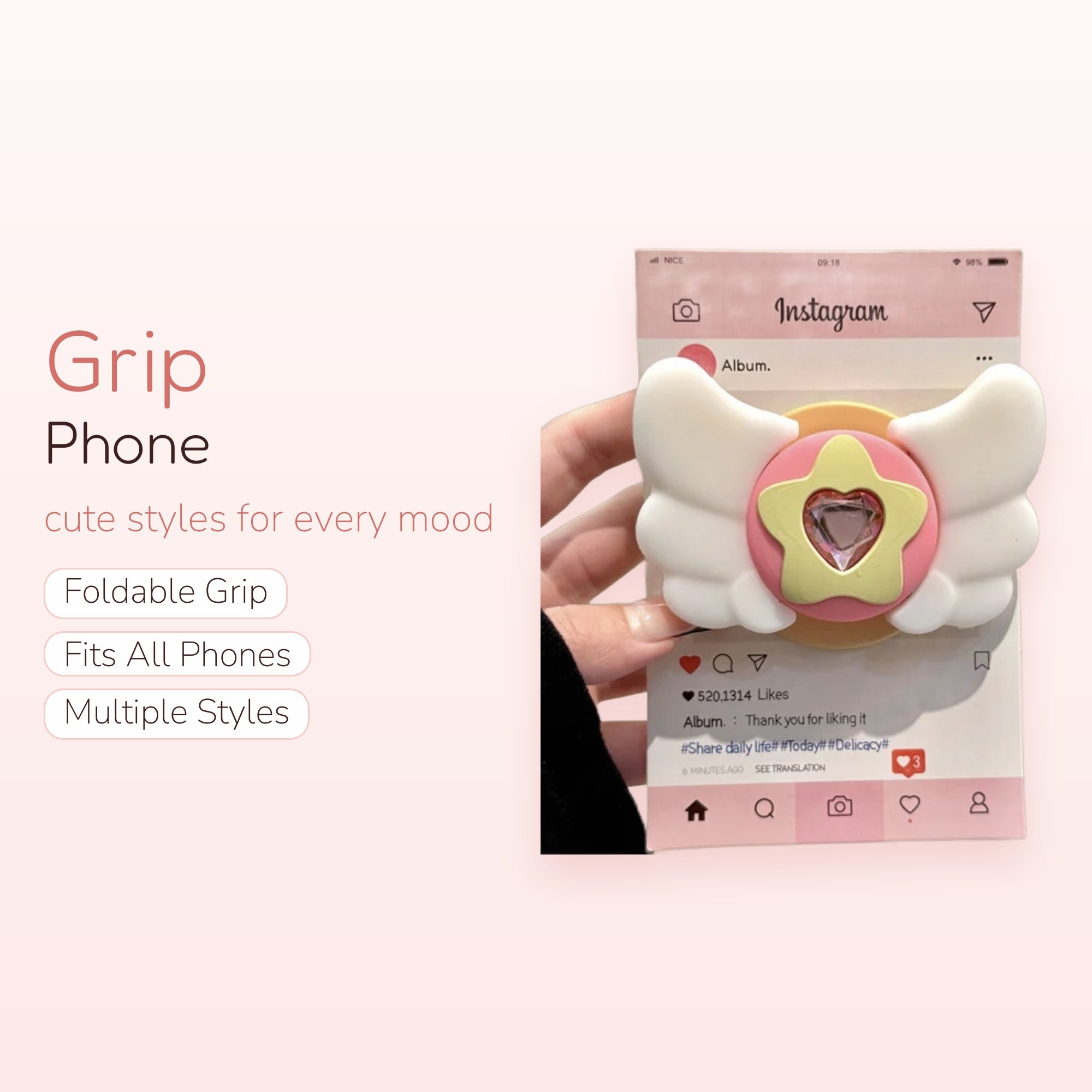 Kawaii Angel Wing Star Phone Grip | Pink Heart Gem Pop Socket Stand
