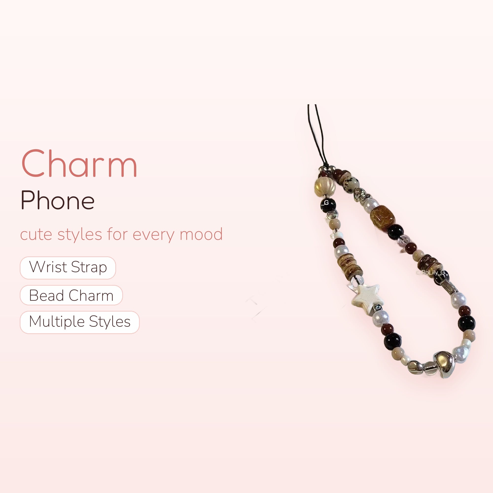 Aesthetic Neutral Beaded Phone Charm Strap | Earthy Toned Pearl & Star Lanyard