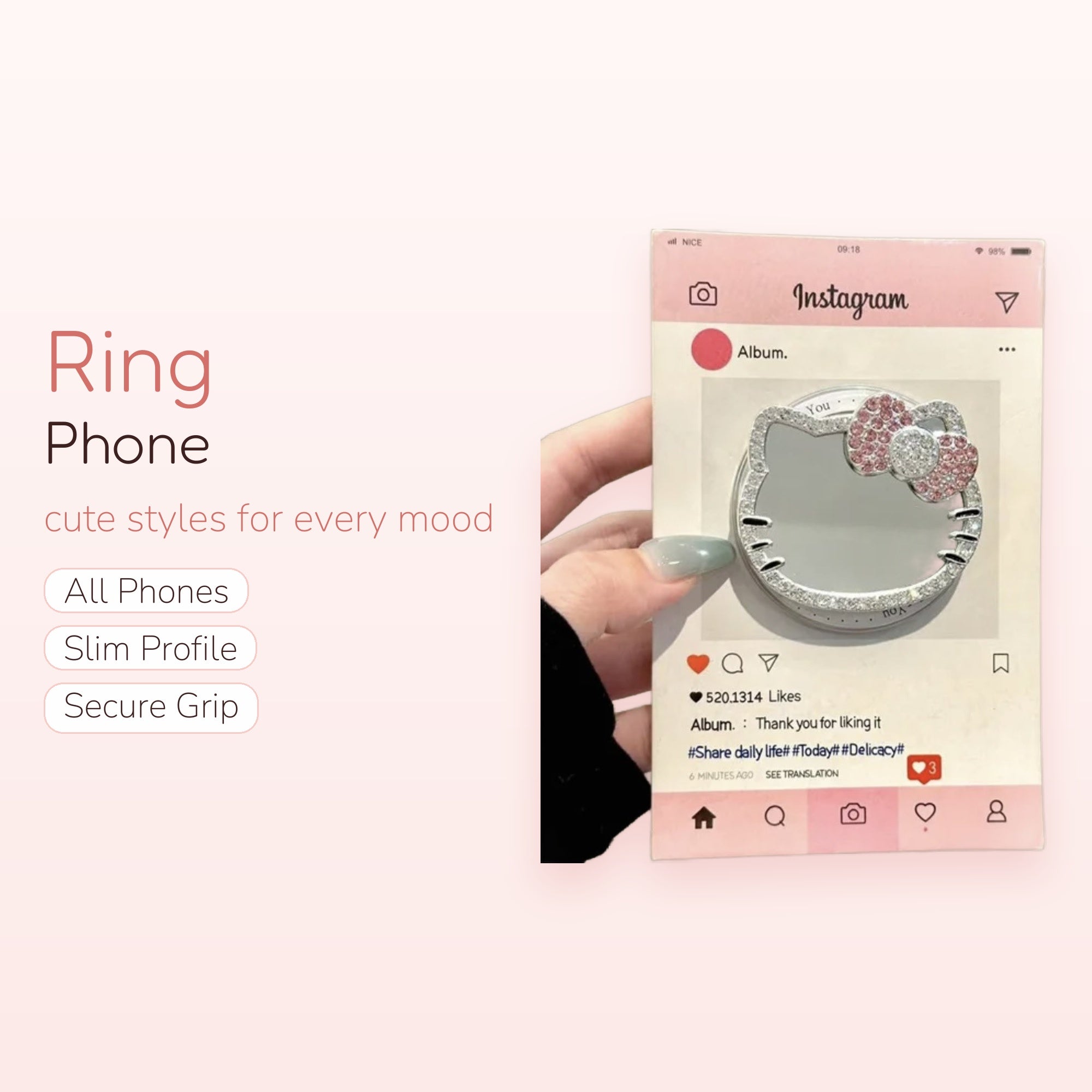 Sparkly Hello Kitty Phone Ring | Rhinestone Finger Holder Kickstand