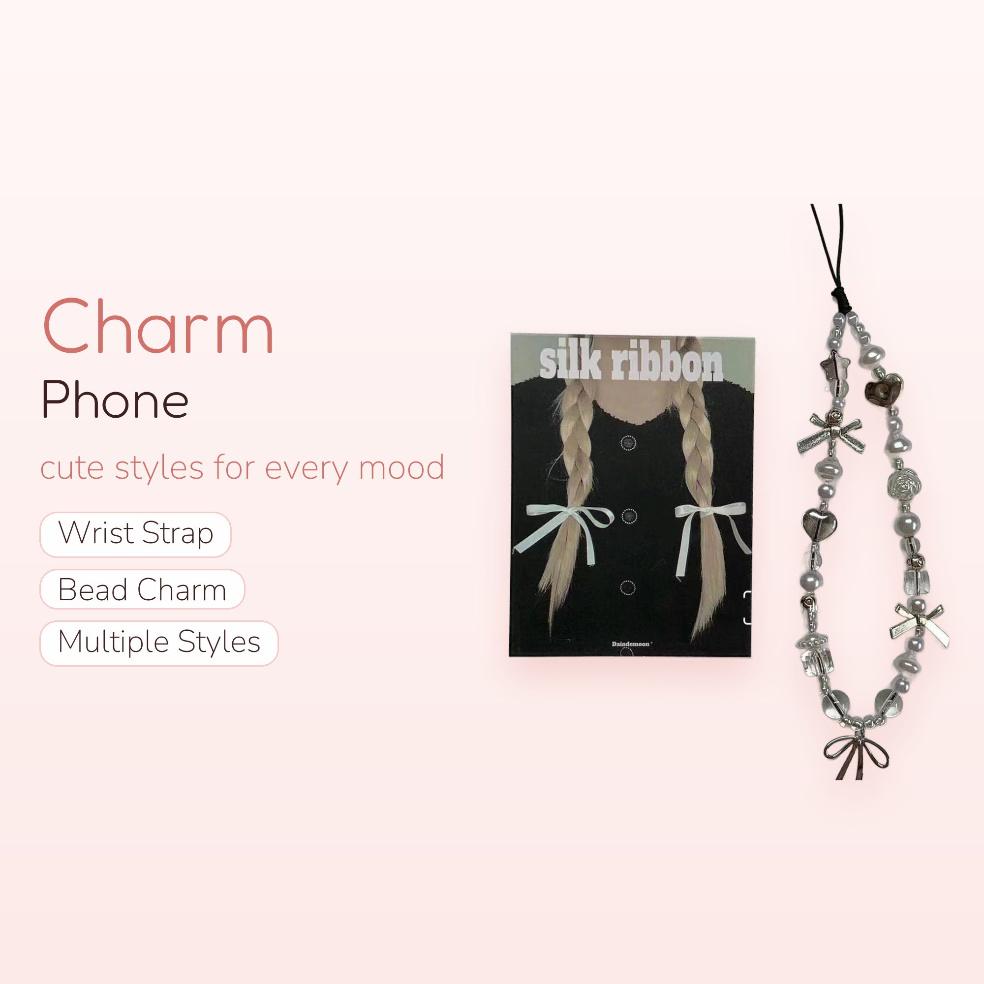 Aesthetic Pearl & Silver Charm Phone Strap | Cute Beaded Wrist Lanyard