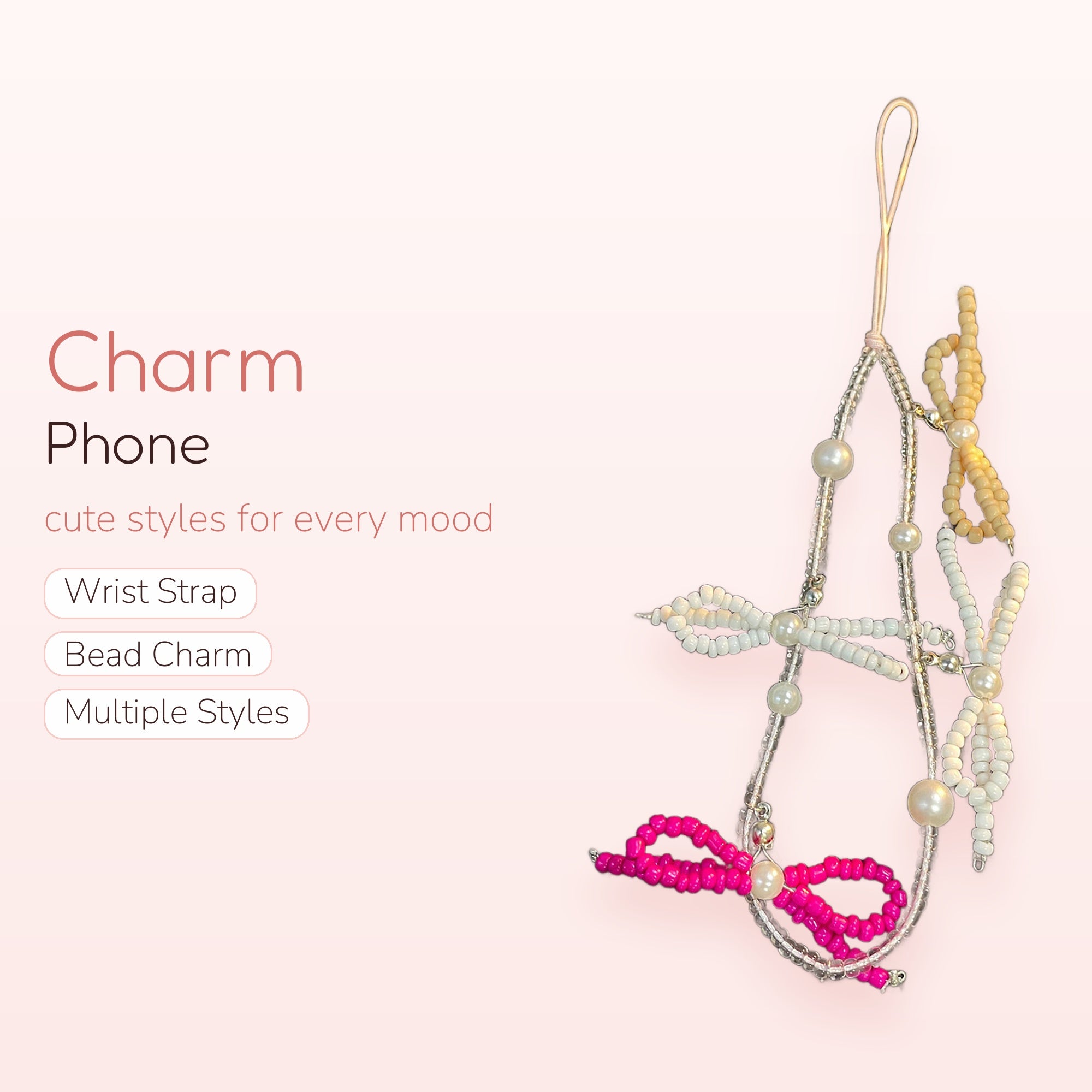Cute Beaded Bow Phone Charm | Pink & White Pearl Wrist Strap