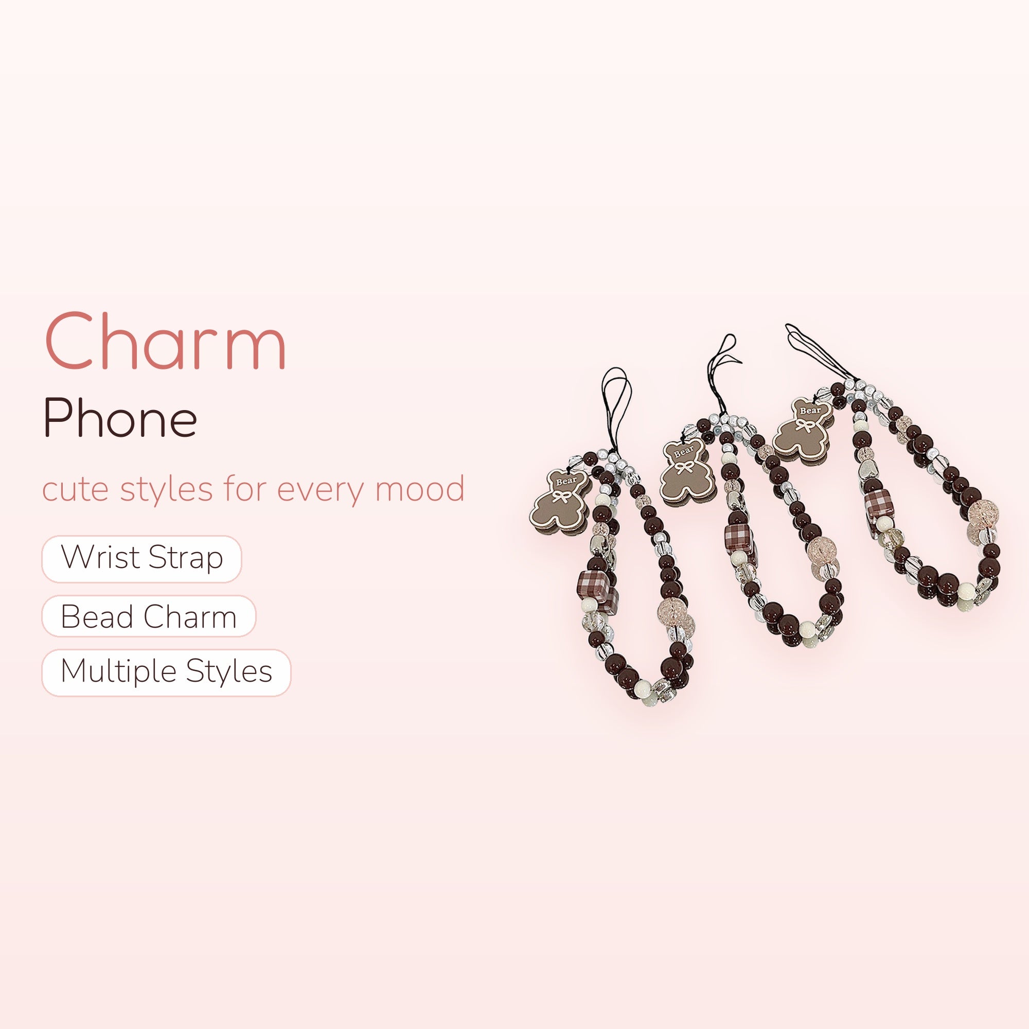 Cute Bear & Plaid Beaded Phone Charm | Brown Aesthetic Wrist Strap