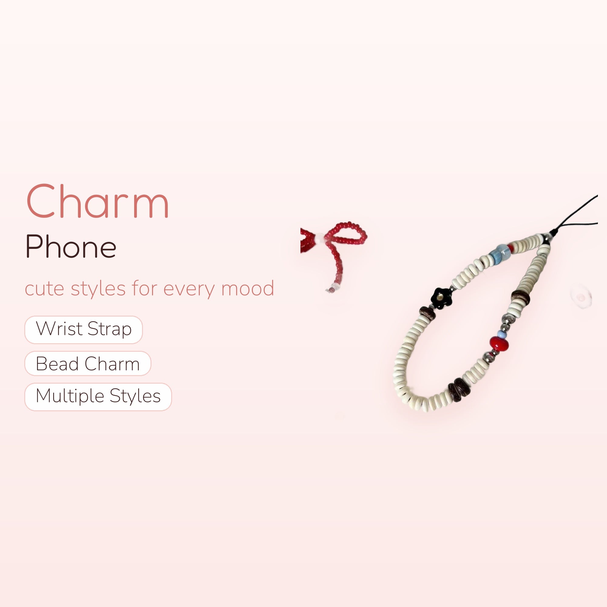 Cute Beaded Phone Charm Strap | White Disc Bead & Flower Wrist Lanyard