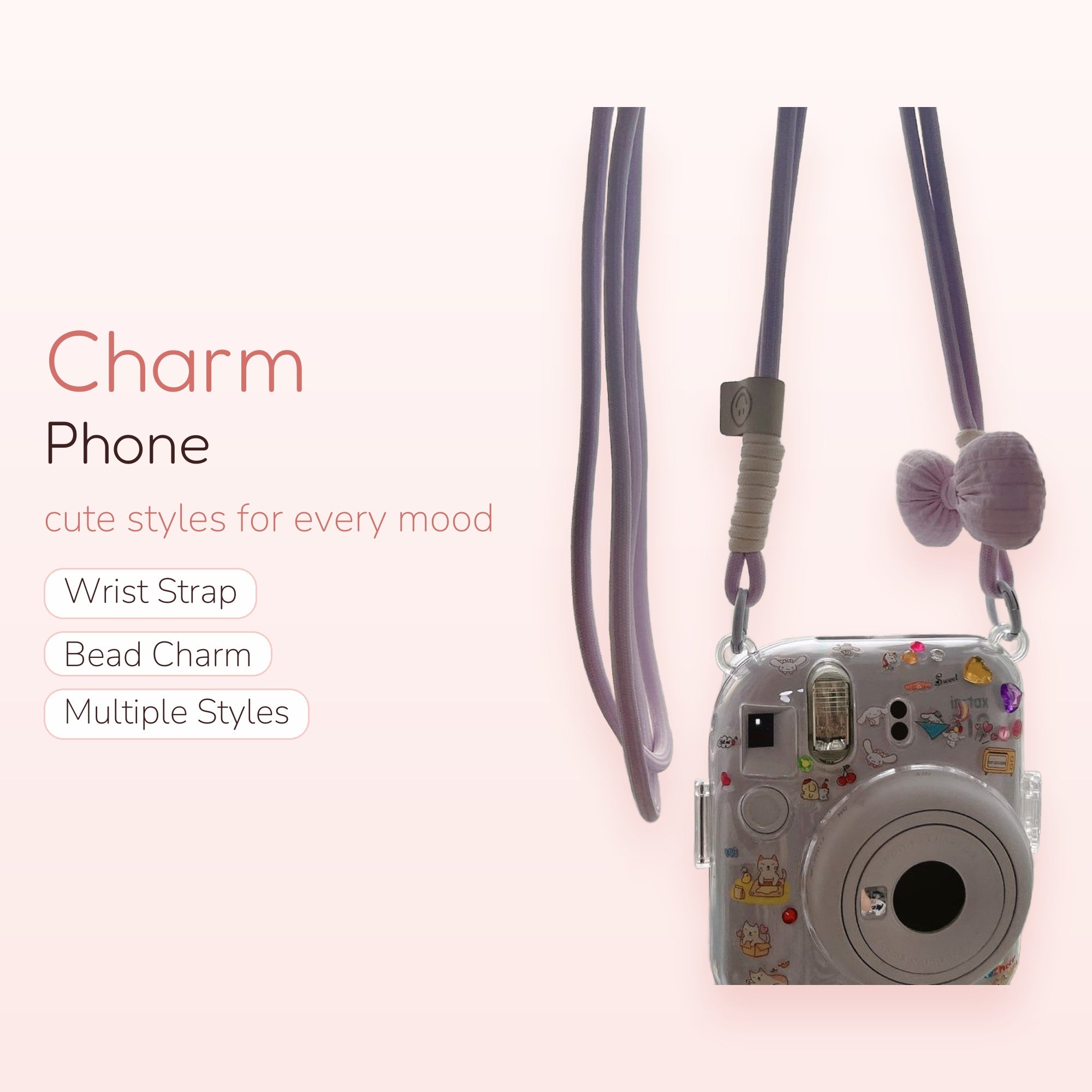 Kawaii Pastel Purple Camera Lanyard | Cute Bow & Sticker Instax Mini Strap