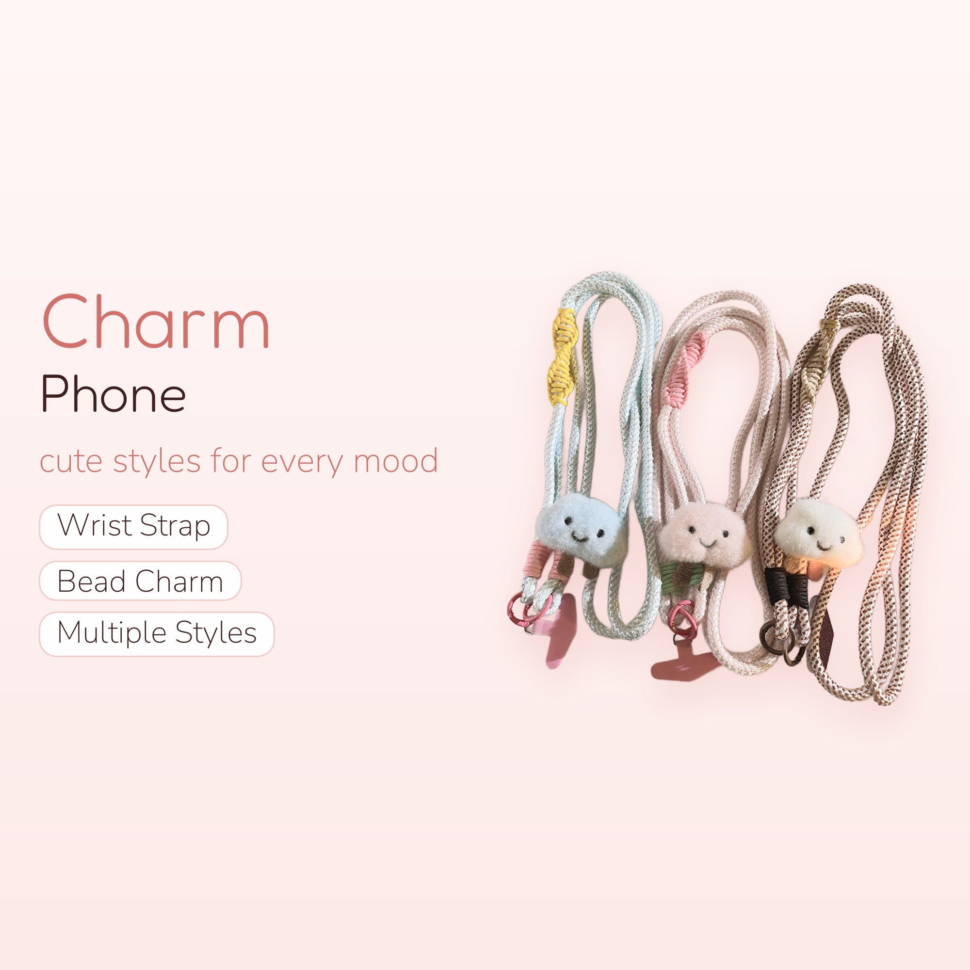 Cute Cloud Plush Phone Lanyard | Pastel Braided Crossbody Strap with Smiley Face