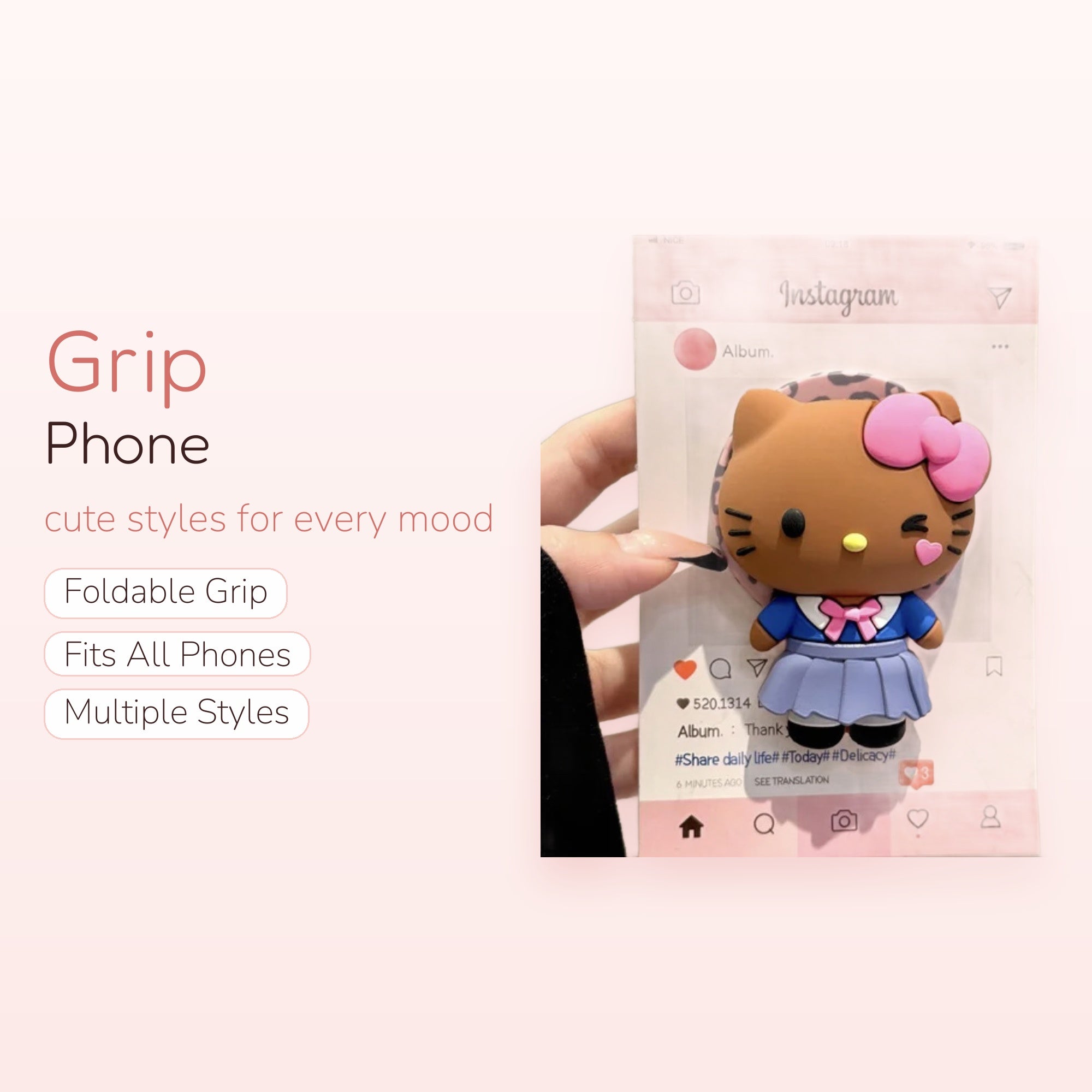 Kawaii Hello Kitty Instagram Phone Grip | Cute Brown Kitty Pop Socket Stand