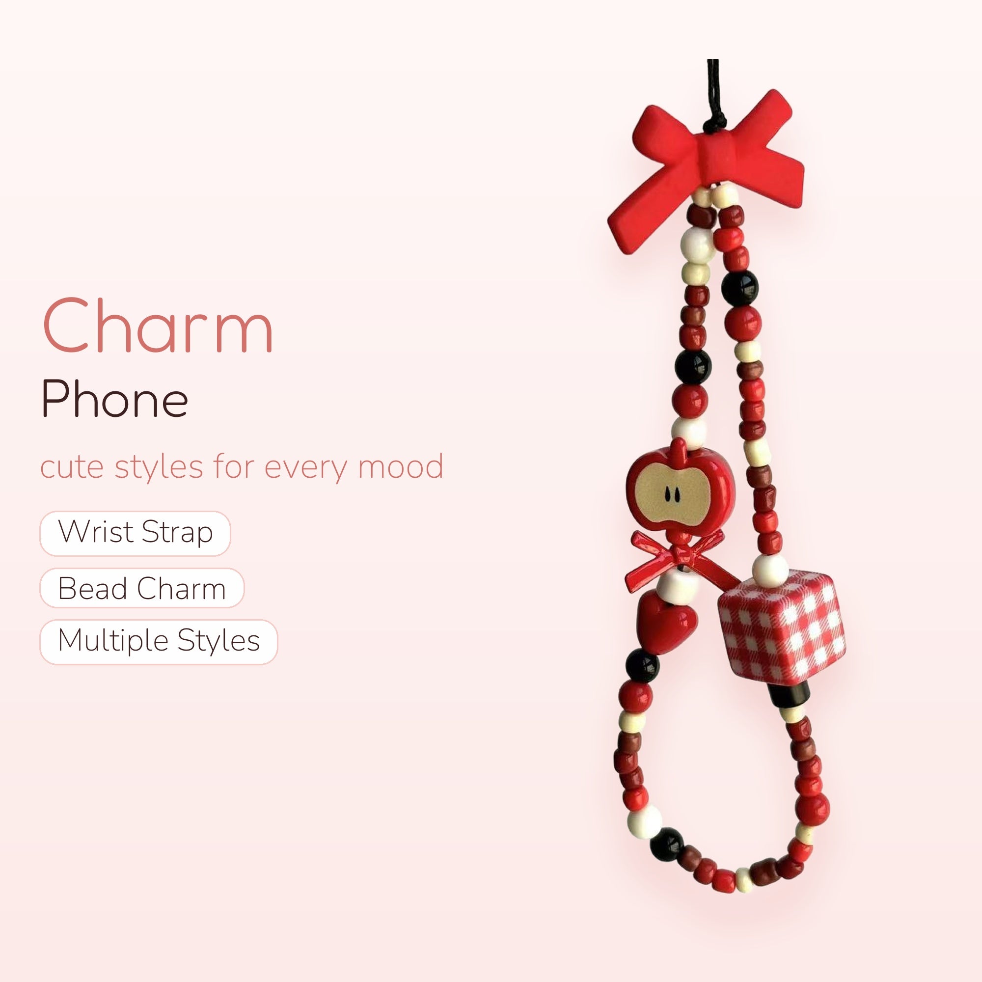 Cute Red Apple & Gingham Phone Charm | Beaded Wrist Strap with Bows
