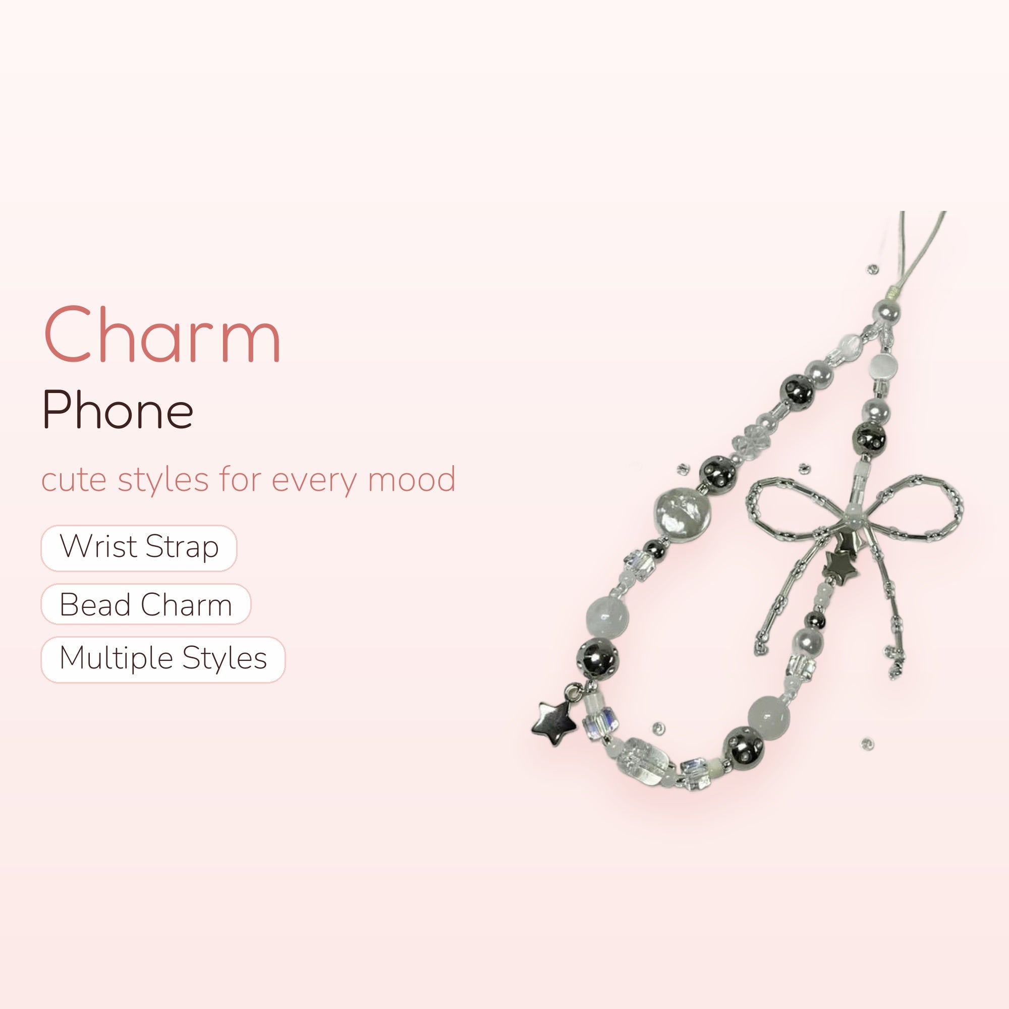 Aesthetic Silver & White Beaded Phone Charm | Star & Bow Wrist Strap