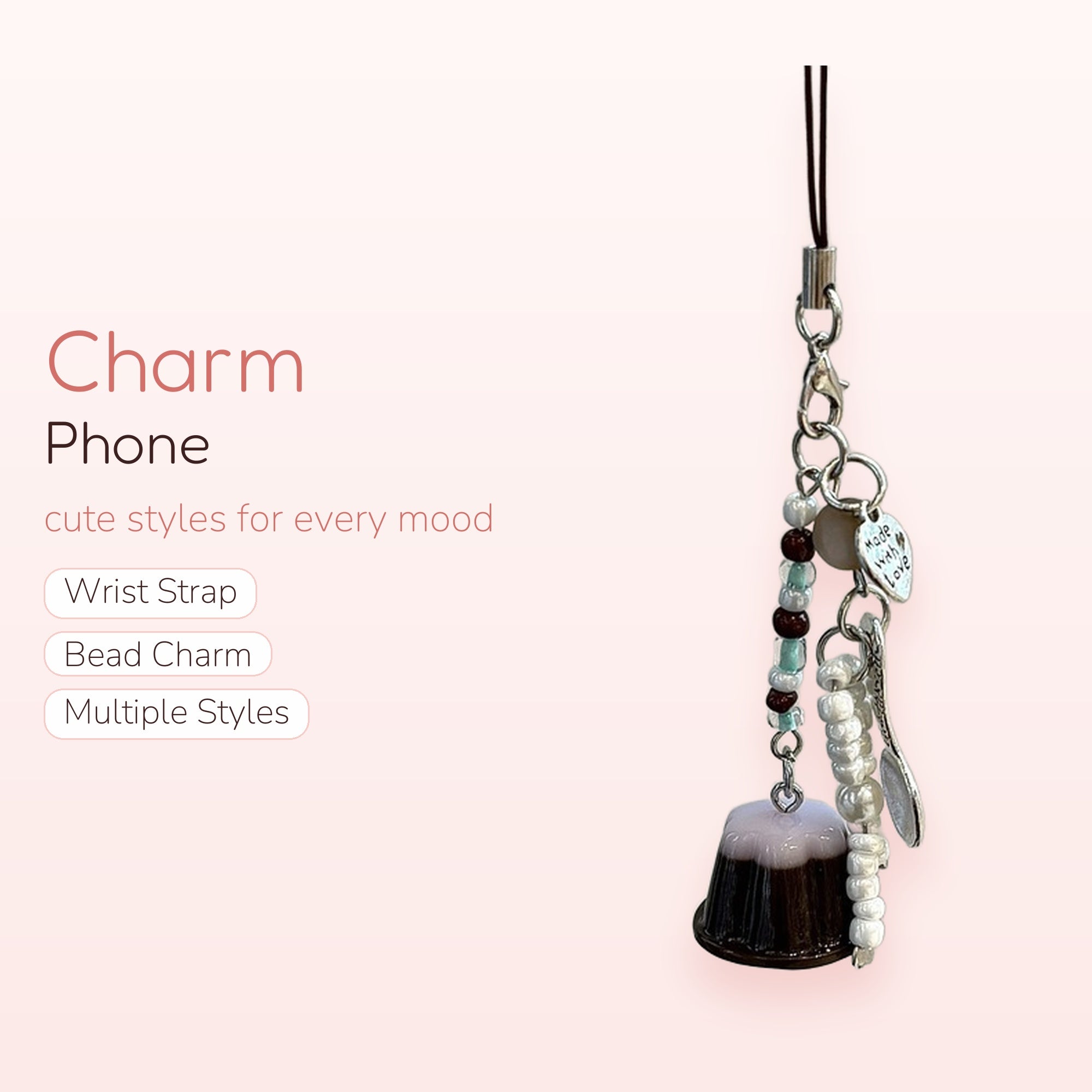 Cute Coffee Pudding Phone Charm | Aesthetic Beaded Strap with Spoon & Heart