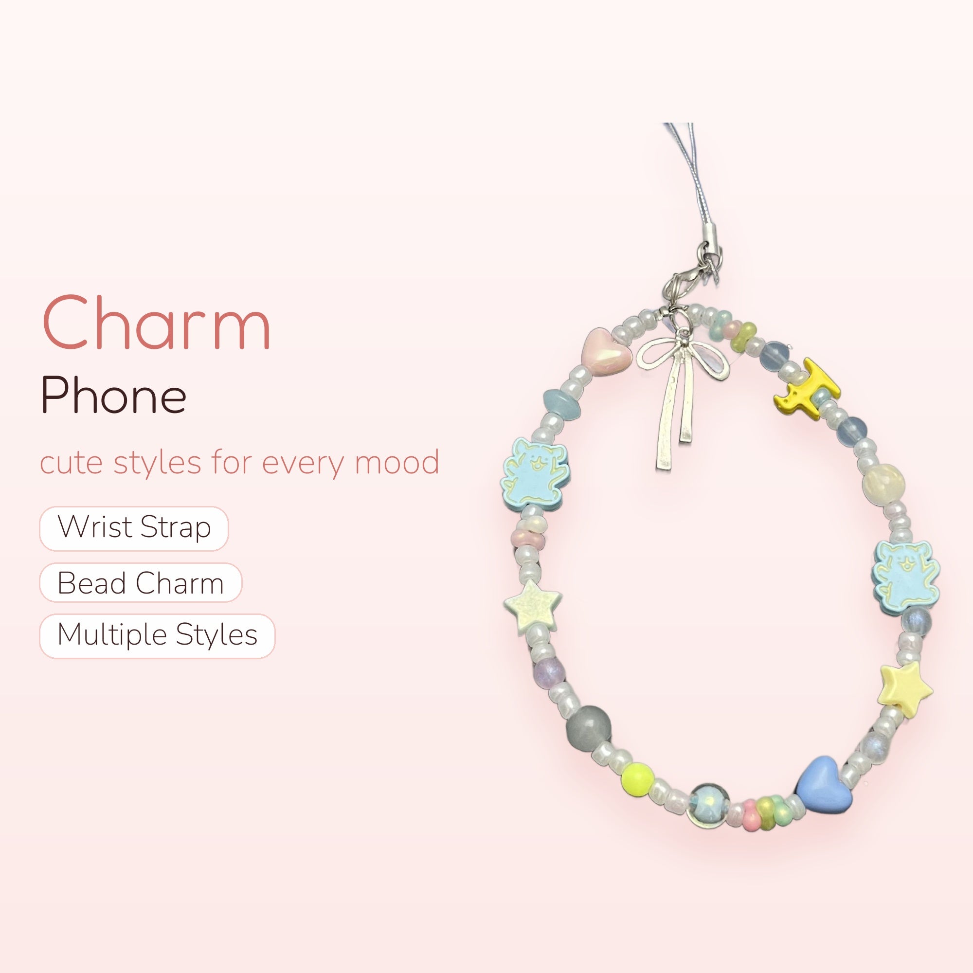 Pastel Beaded Phone Charm Strap | Kawaii Bear & Star Wrist Lanyard
