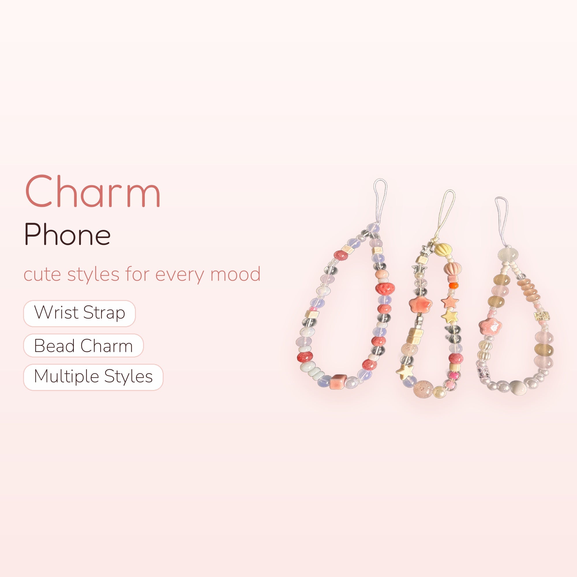 Pastel Beaded Phone Charm Straps | Kawaii Strawberry Star Heart Wrist Lanyards