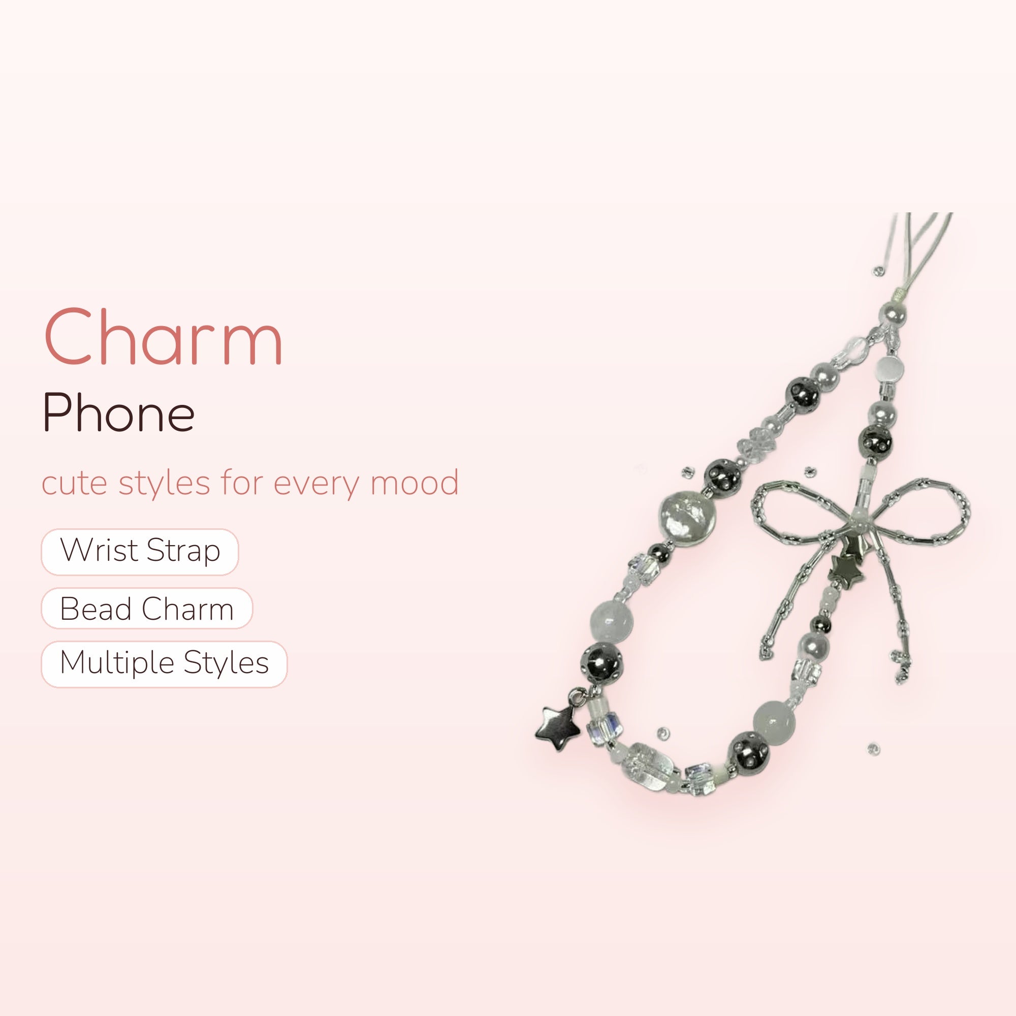 Aesthetic Silver & White Beaded Phone Charm Strap | Cute Star & Bow Wrist Lanyard