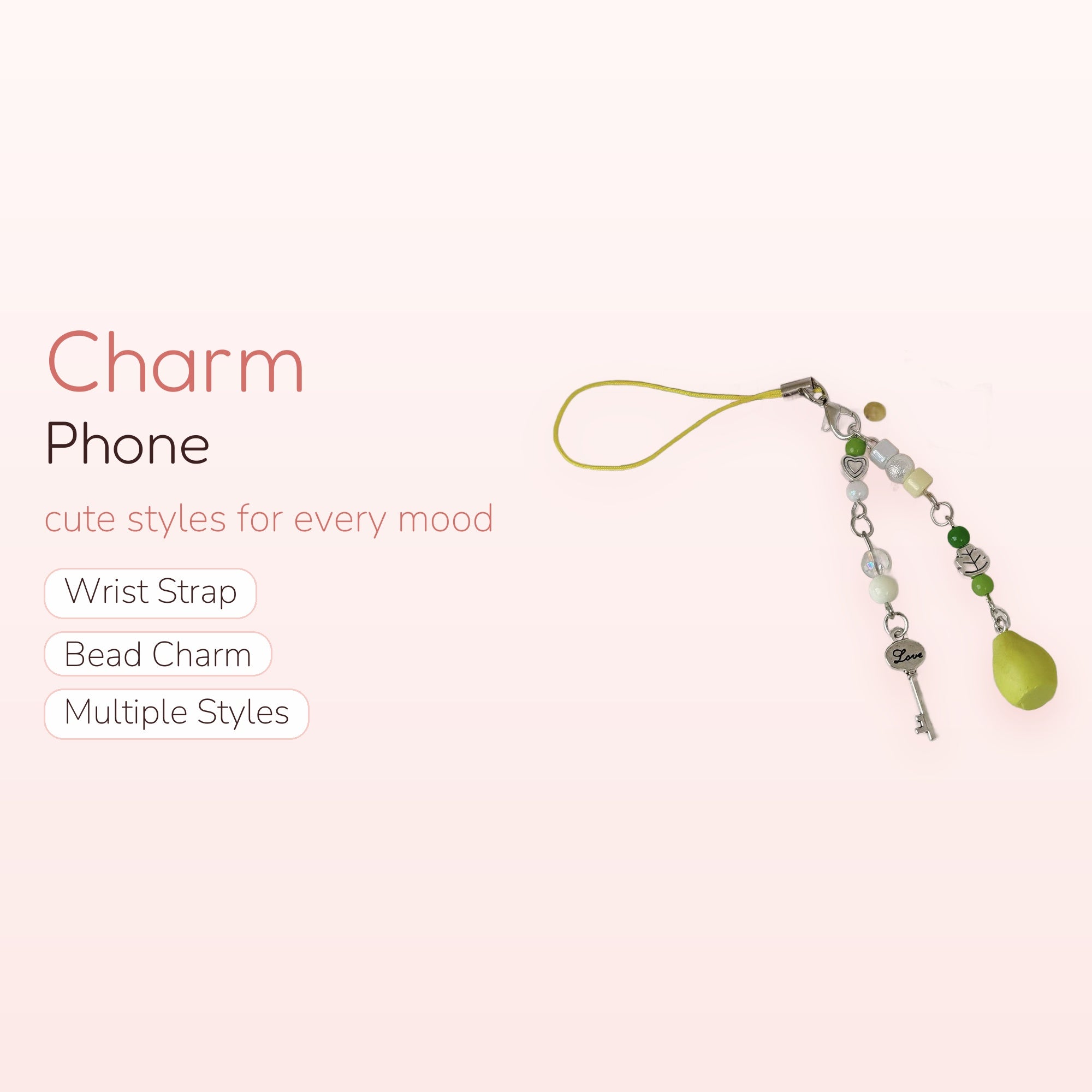 Aesthetic Green & White Beaded Phone Charm | Cute Pear & Key Dangle Strap