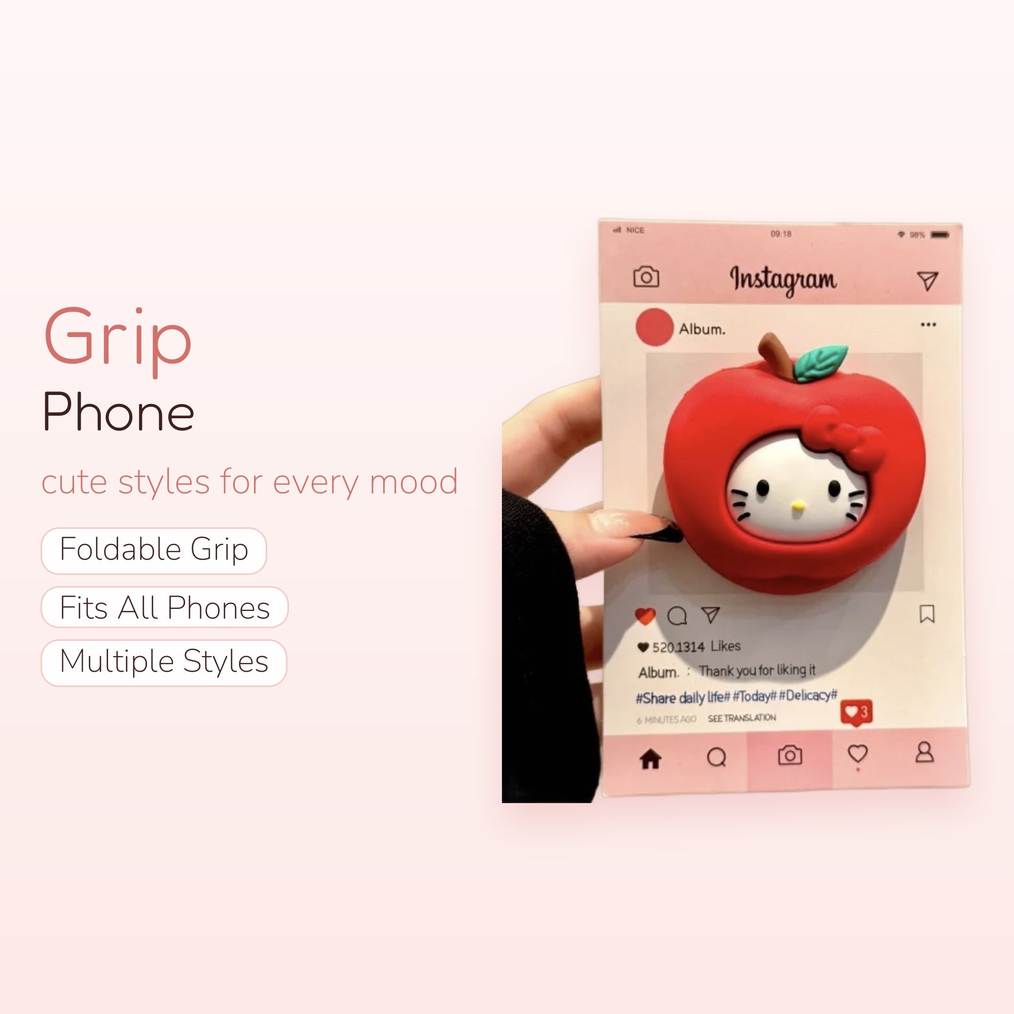 Cute Hello Kitty Apple Phone Grip | Kawaii Red Fruit Pop Socket Stand