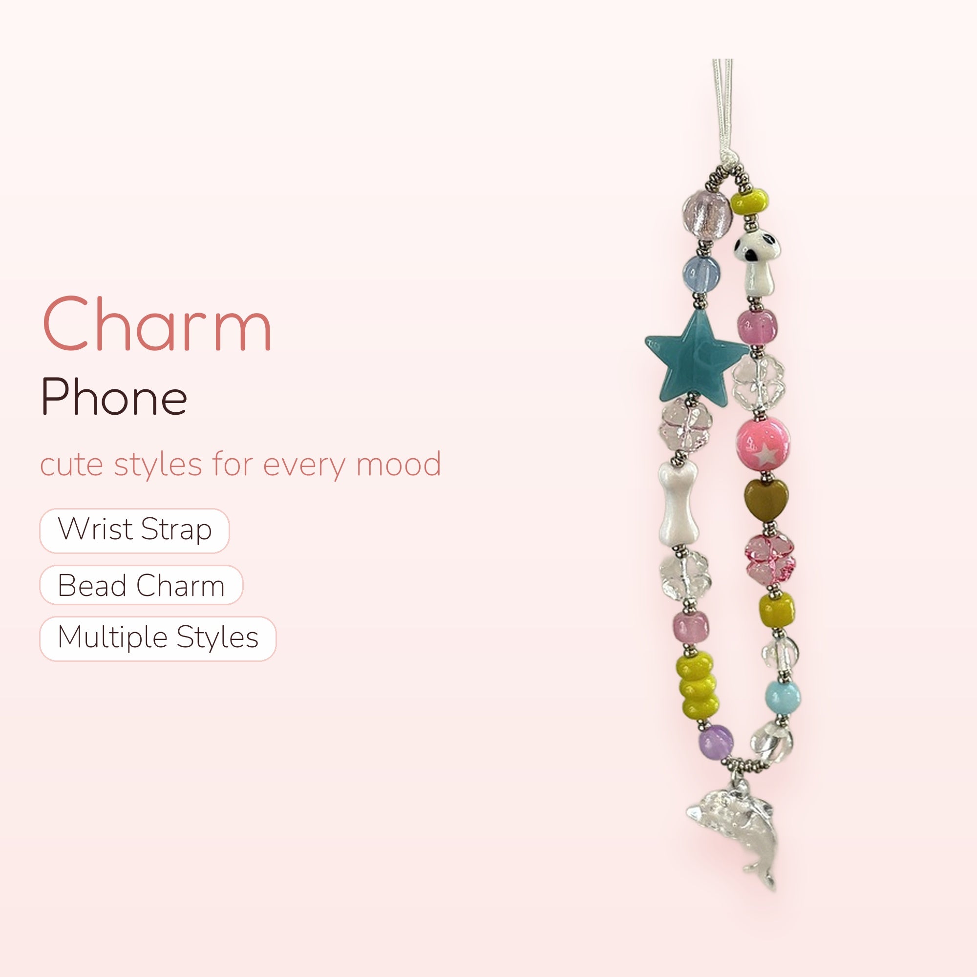 Kawaii Pastel Beaded Phone Charm Strap | Y2K Star & Dolphin Wrist Lanyard