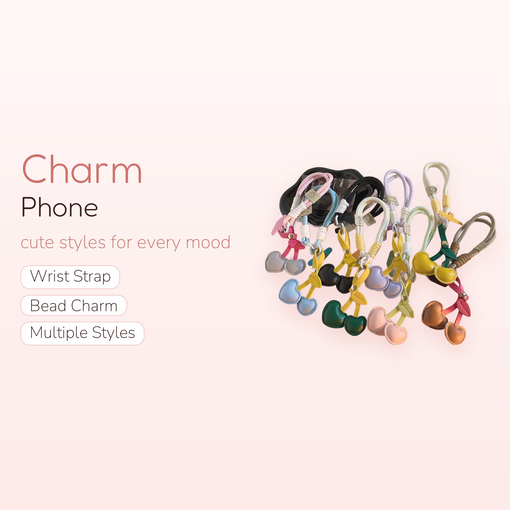 Cute Cherry Leather Phone Charm Strap | Pastel Fruit Wrist Lanyard
