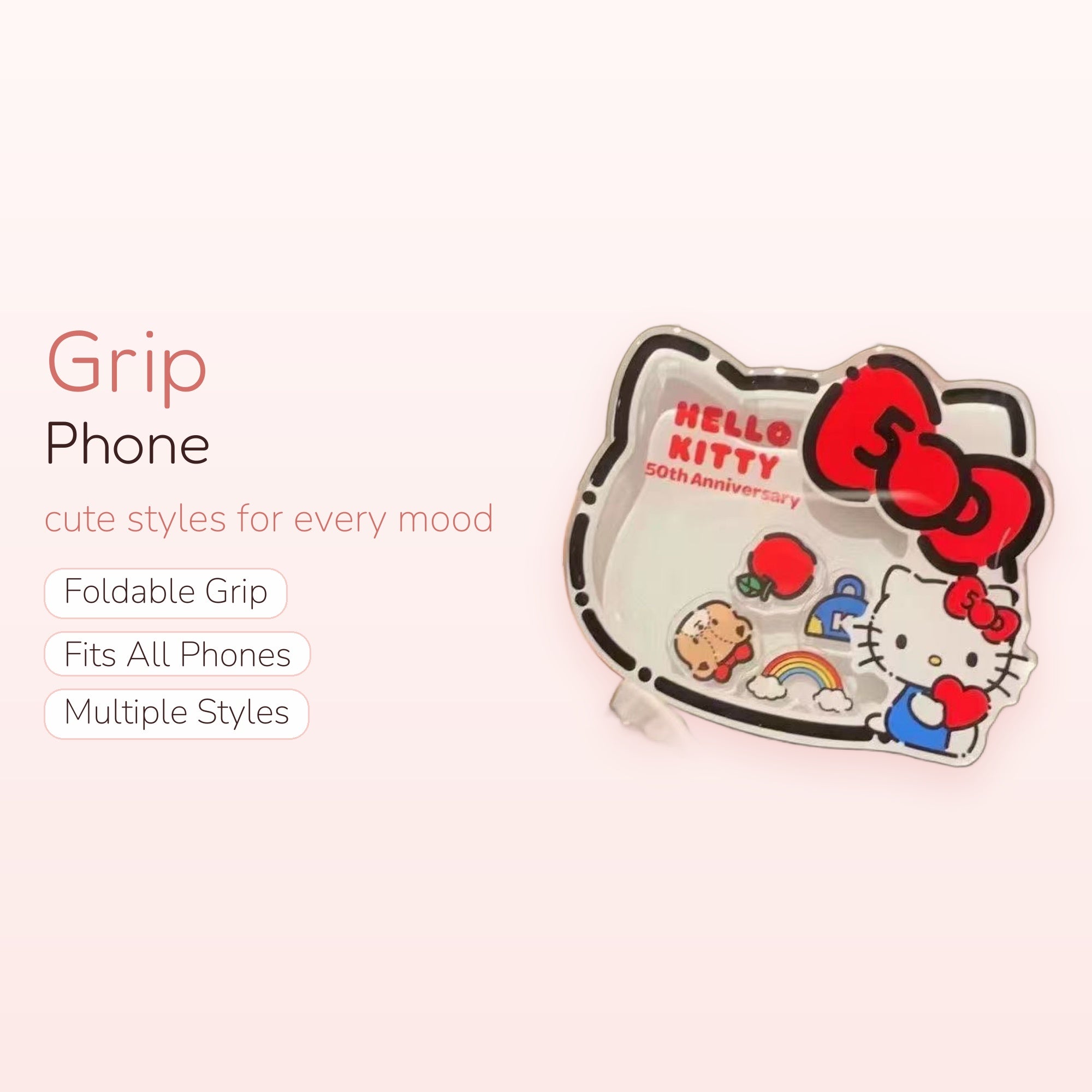 Hello Kitty 50th Anniversary Phone Grip | Kawaii Clear Pop Socket Stand