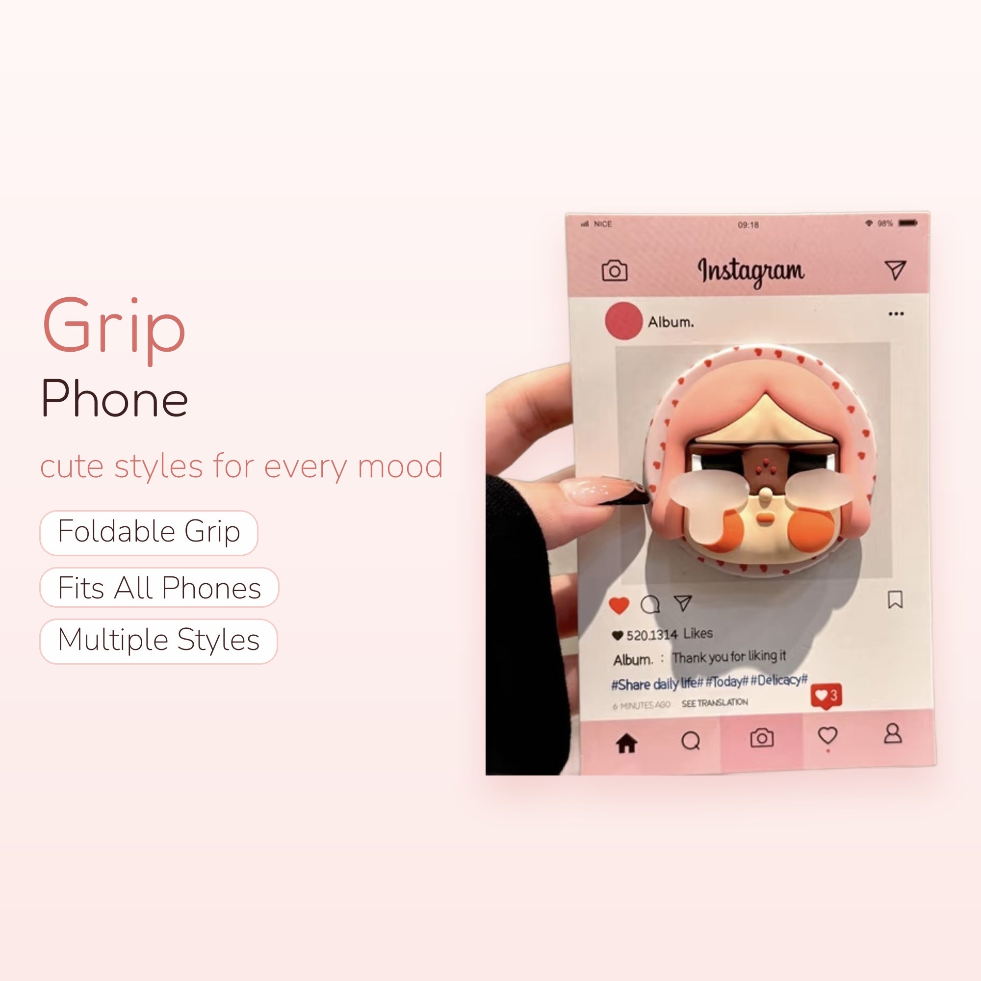 Pink Hair Girl Instagram Phone Grip | Kawaii Pop Socket Stand for Phones