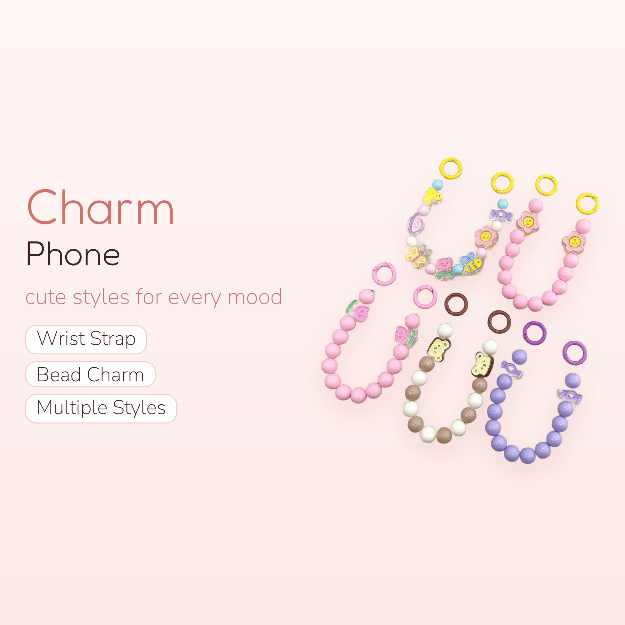 Kawaii Pastel Beaded Phone Charm Straps | Cute Animal & Flower Wrist Lanyards