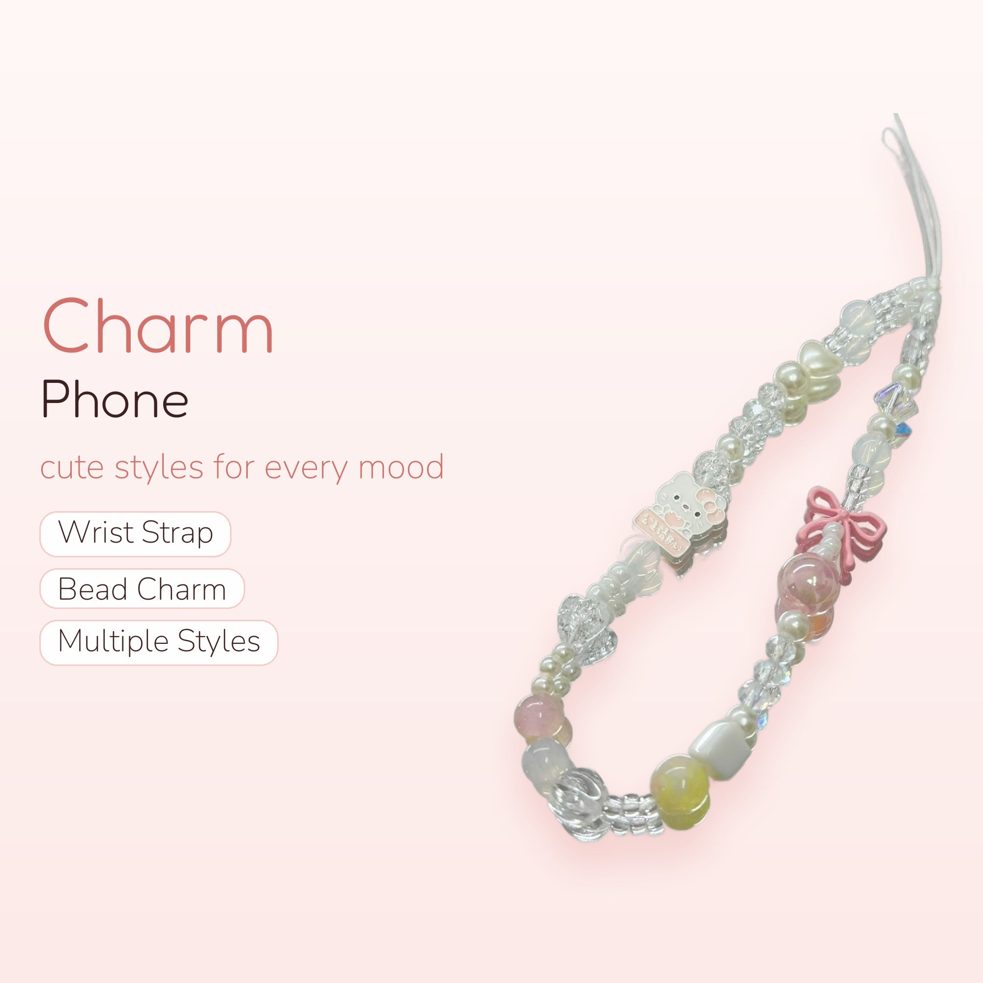 Kawaii Pastel Beaded Phone Charm Strap | Cute Pink Bow & Bunny Wrist Lanyard