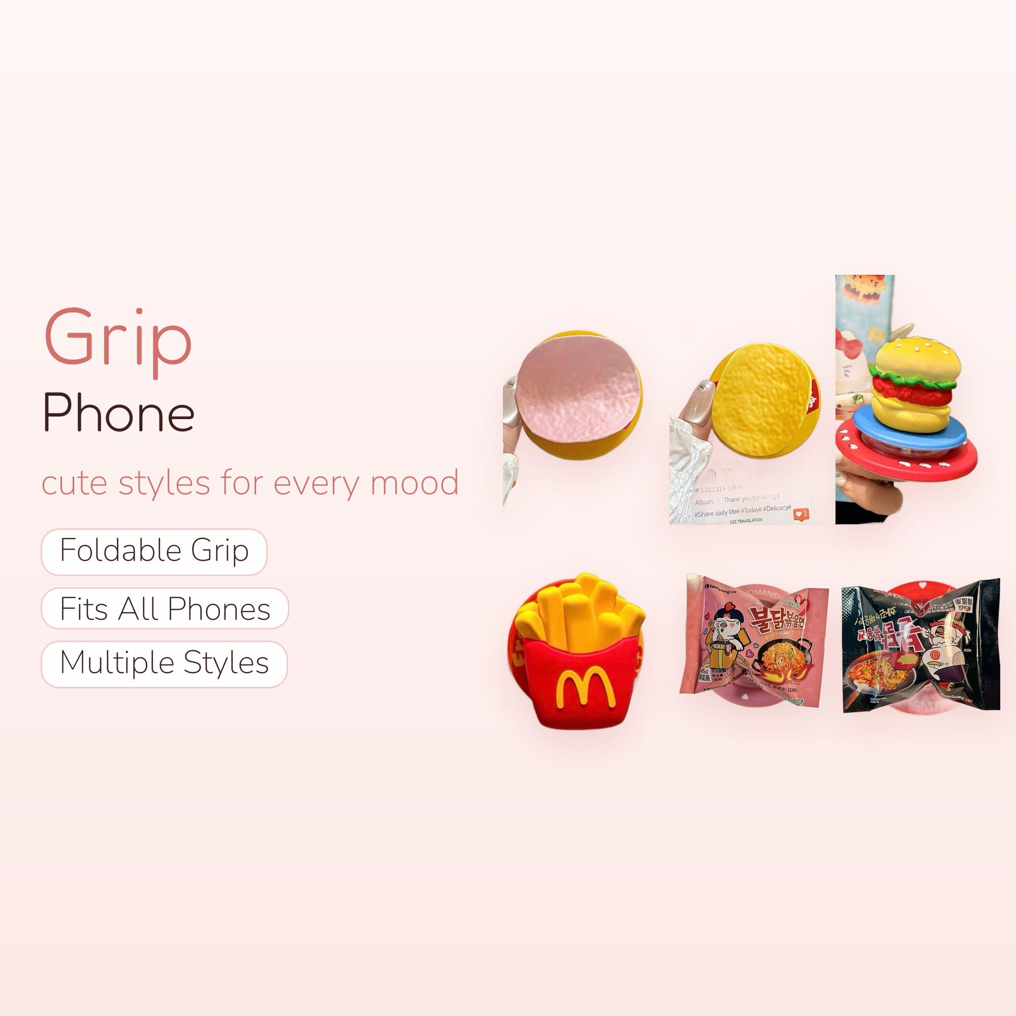 Kawaii Fast Food Phone Grips | Cute Hamburger Fries Ramen Pop Socket Stand
