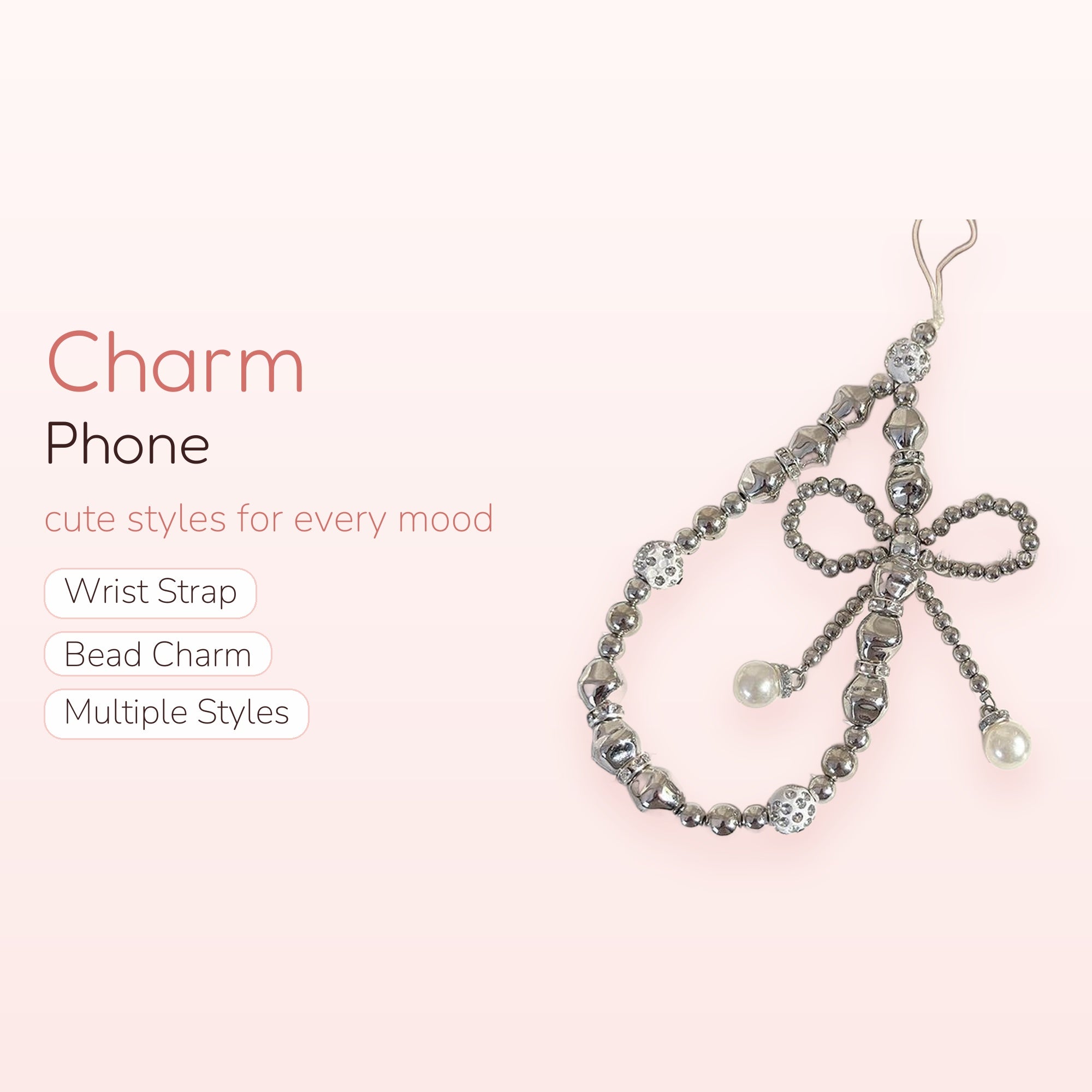 Silver Beaded Bow Phone Charm | Aesthetic Pearl Wrist Strap Lanyard