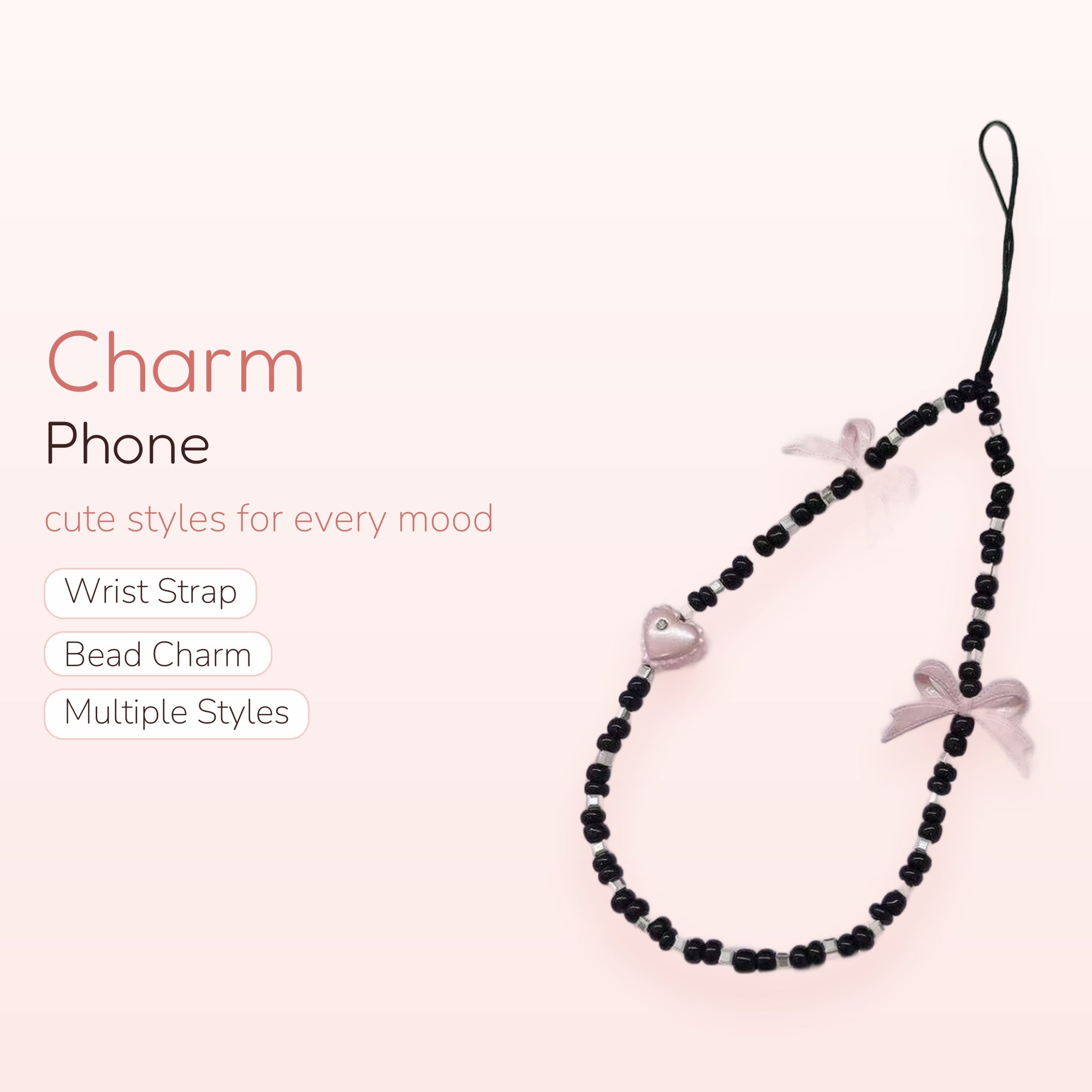 Black Beaded Pink Bow Phone Charm | Cute Heart Wrist Strap Lanyard