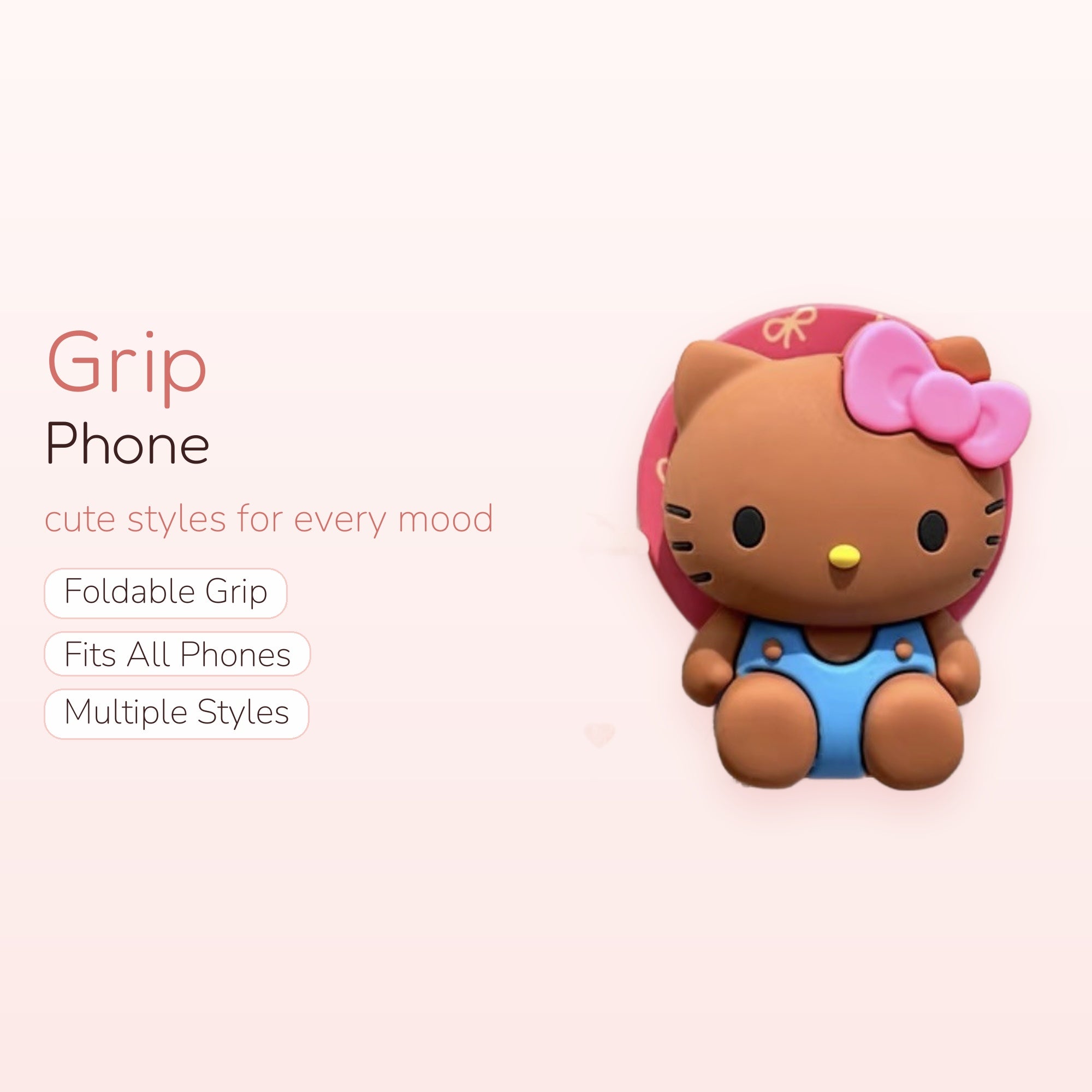 Kawaii Brown Hello Kitty Phone Grip | Cute Blue Overalls Pop Socket Stand