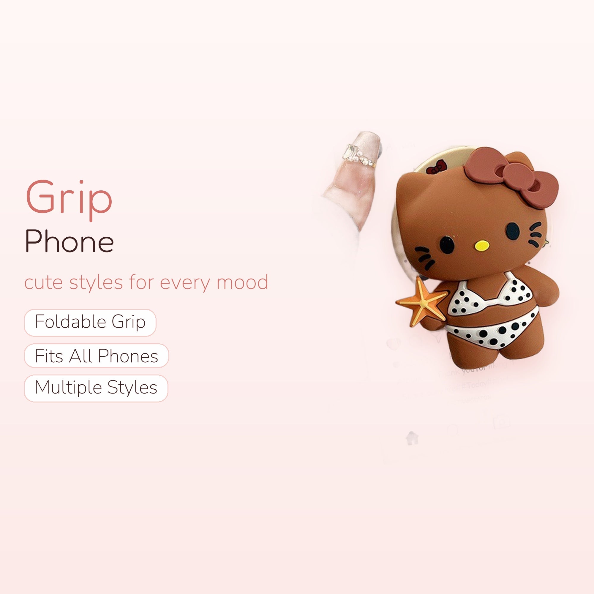 Kawaii Hello Kitty Bikini Phone Grip | Cute Brown Sanrio Pop Socket Stand