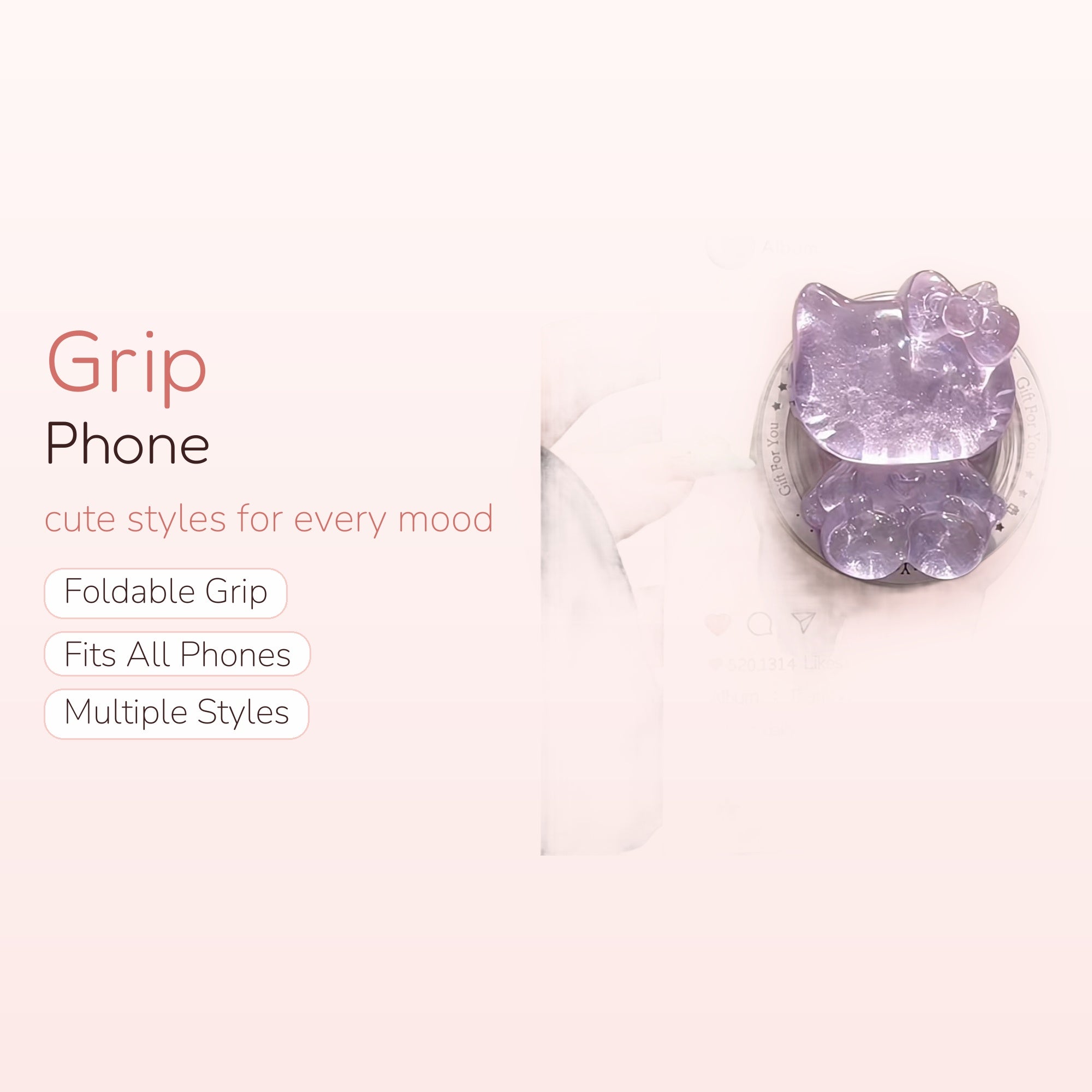 Purple Hello Kitty Phone Grip | Kawaii Clear Glitter Pop Socket Stand