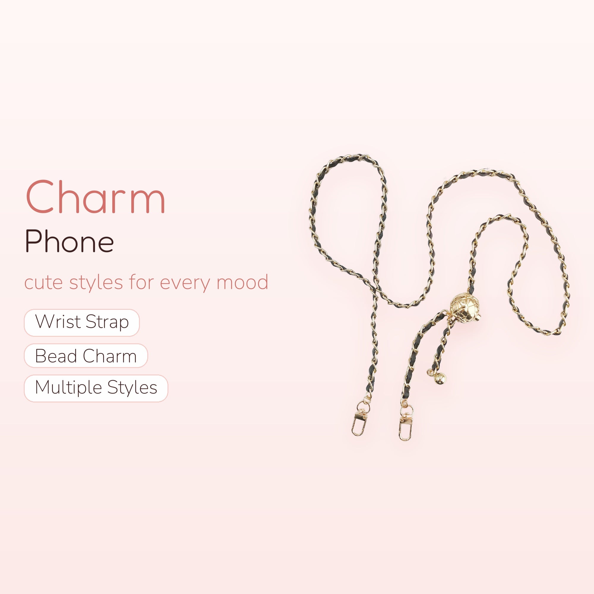 Chic Black Leather & Gold Chain Phone Charm | Adjustable Lanyard Strap