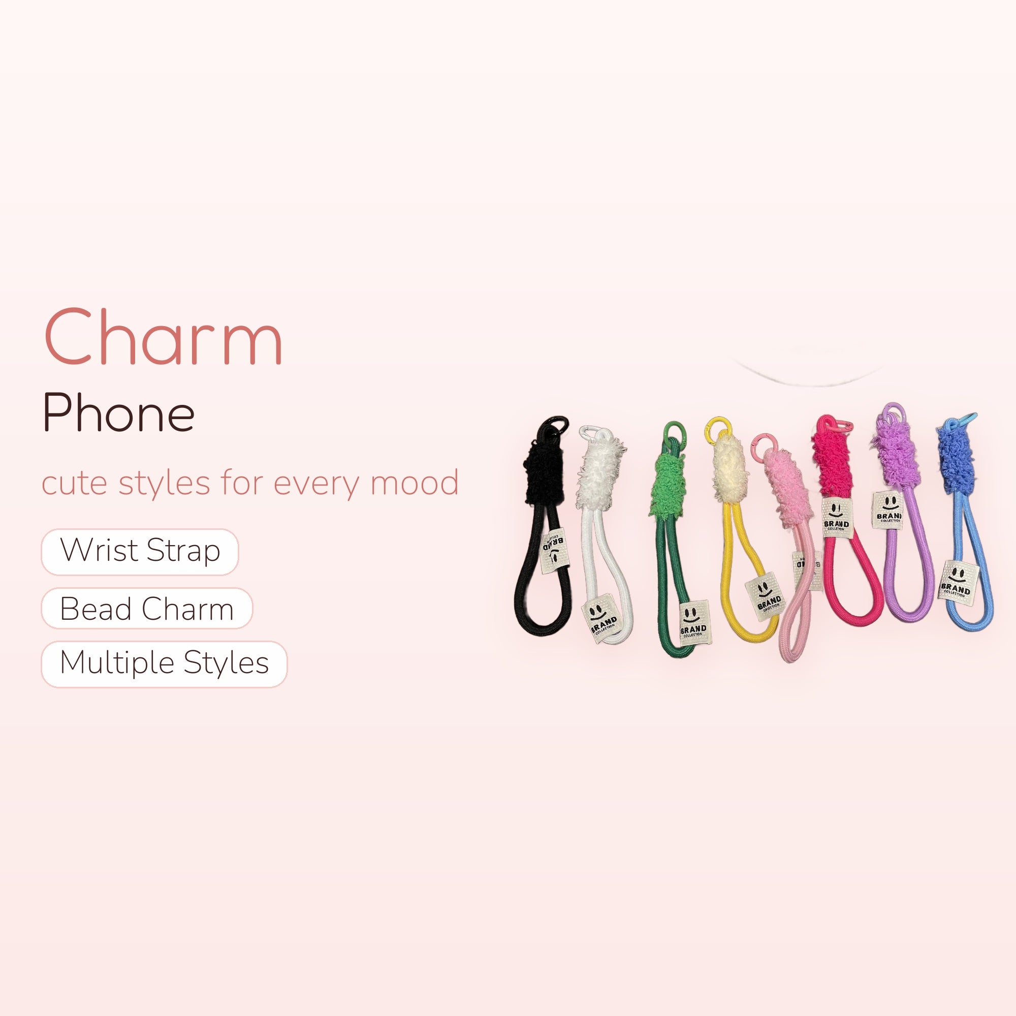 Fluffy Cord Phone Charm Straps | Colorful Wrist Lanyards with Smiley Face Tags