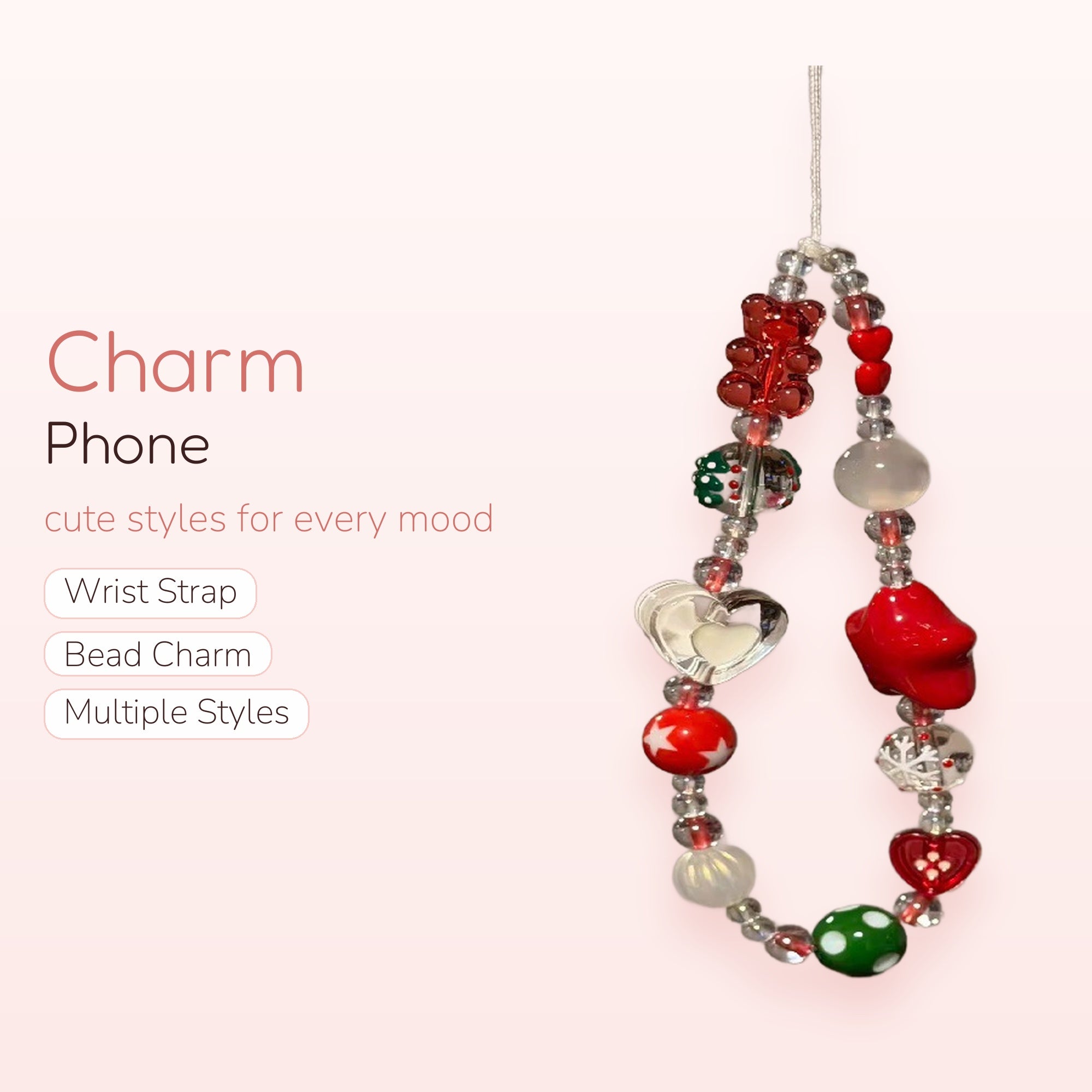 Kawaii Red & White Beaded Phone Charm Strap | Cute Gummy Bear & Heart Wrist Lanyard