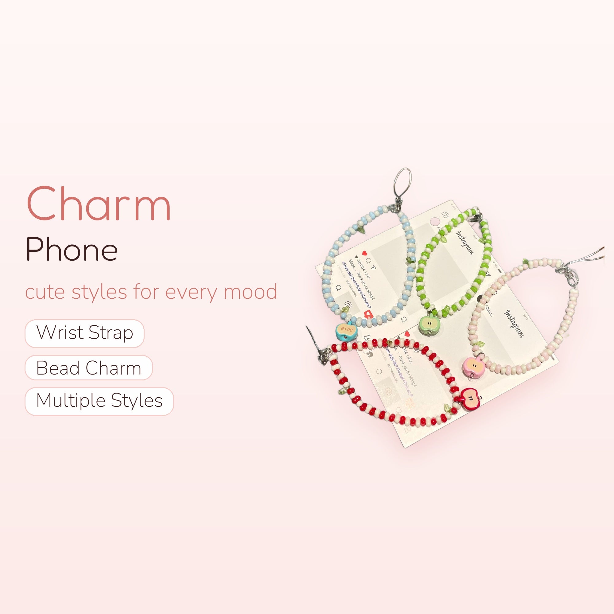 Kawaii Apple Beaded Phone Charm Strap | Pastel Fruit Wrist Lanyard