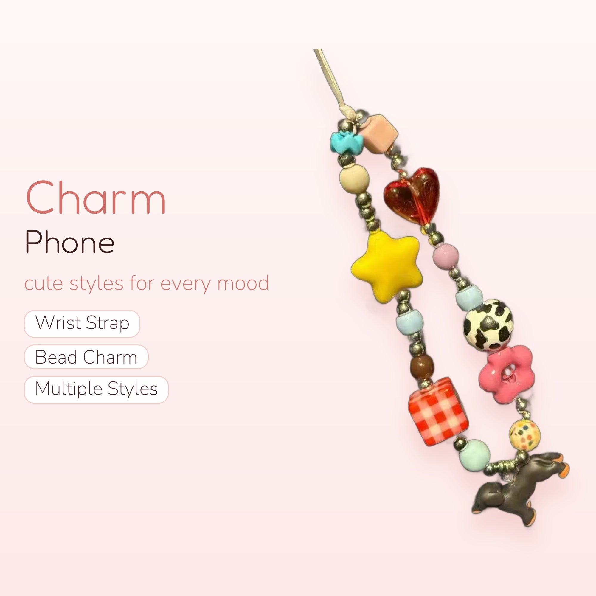 Y2K Beaded Phone Charm Strap | Kawaii Star Heart Cow Print Phone Lanyard
