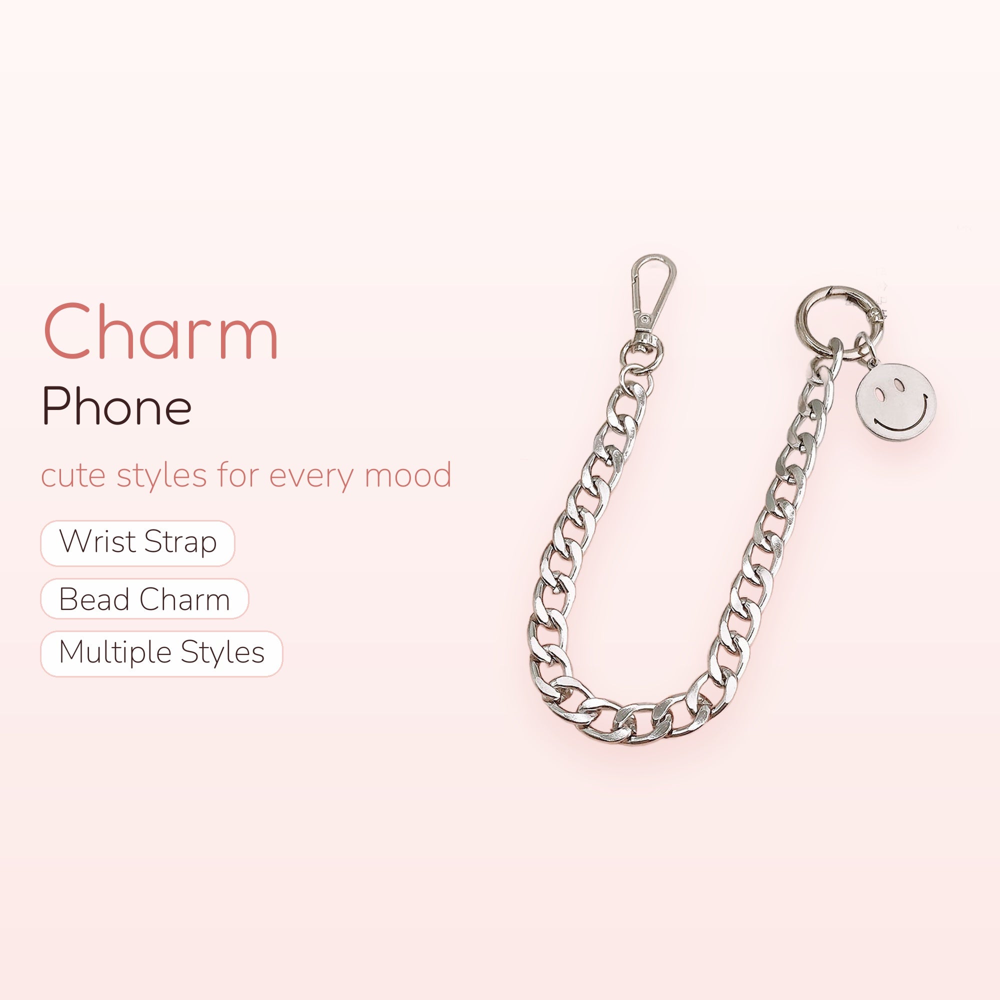 Y2K Silver Chain Phone Charm | Aesthetic Smiley Face Keychain Lanyard