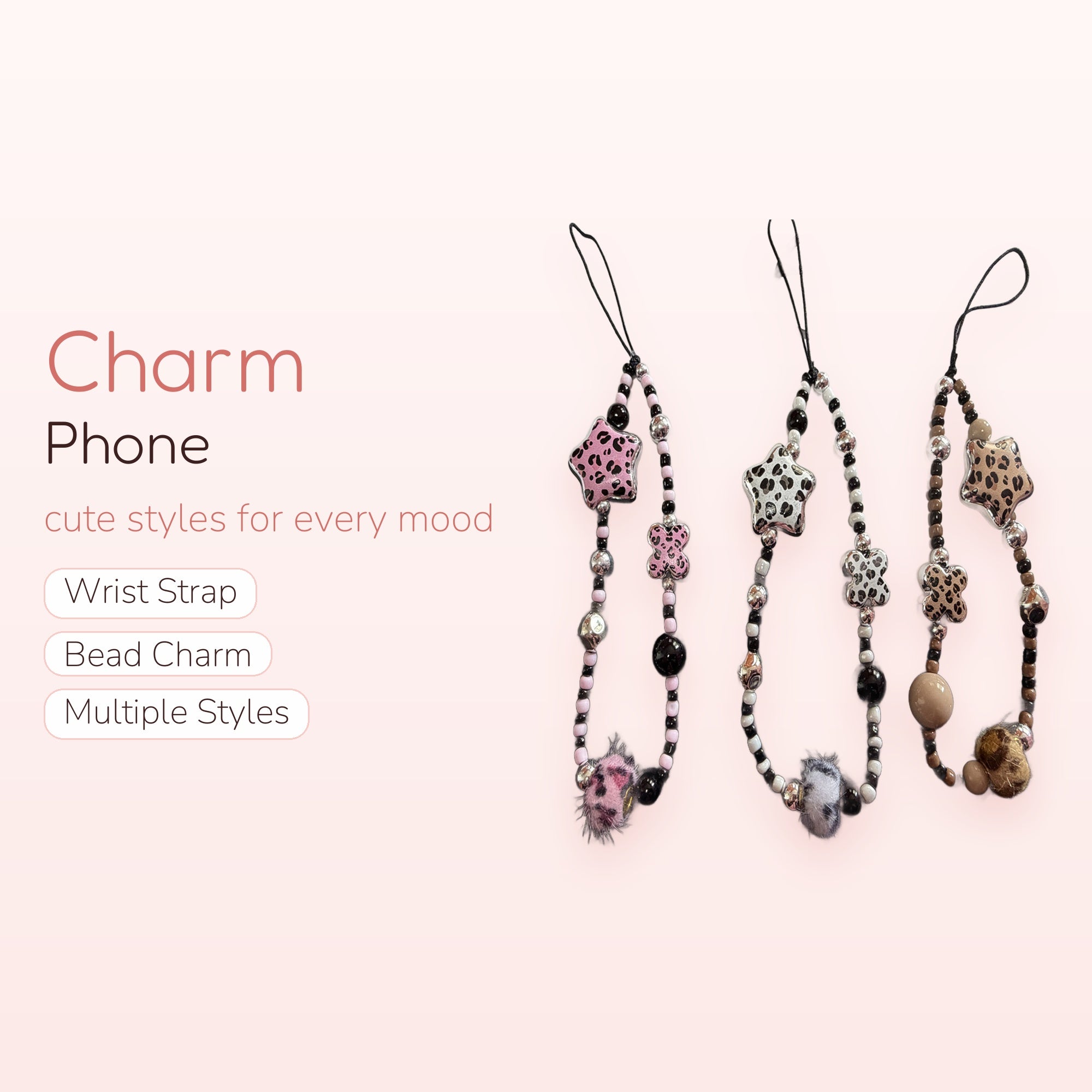 Y2K Leopard Print Star & Clover Phone Charm | Aesthetic Beaded Wrist Lanyard