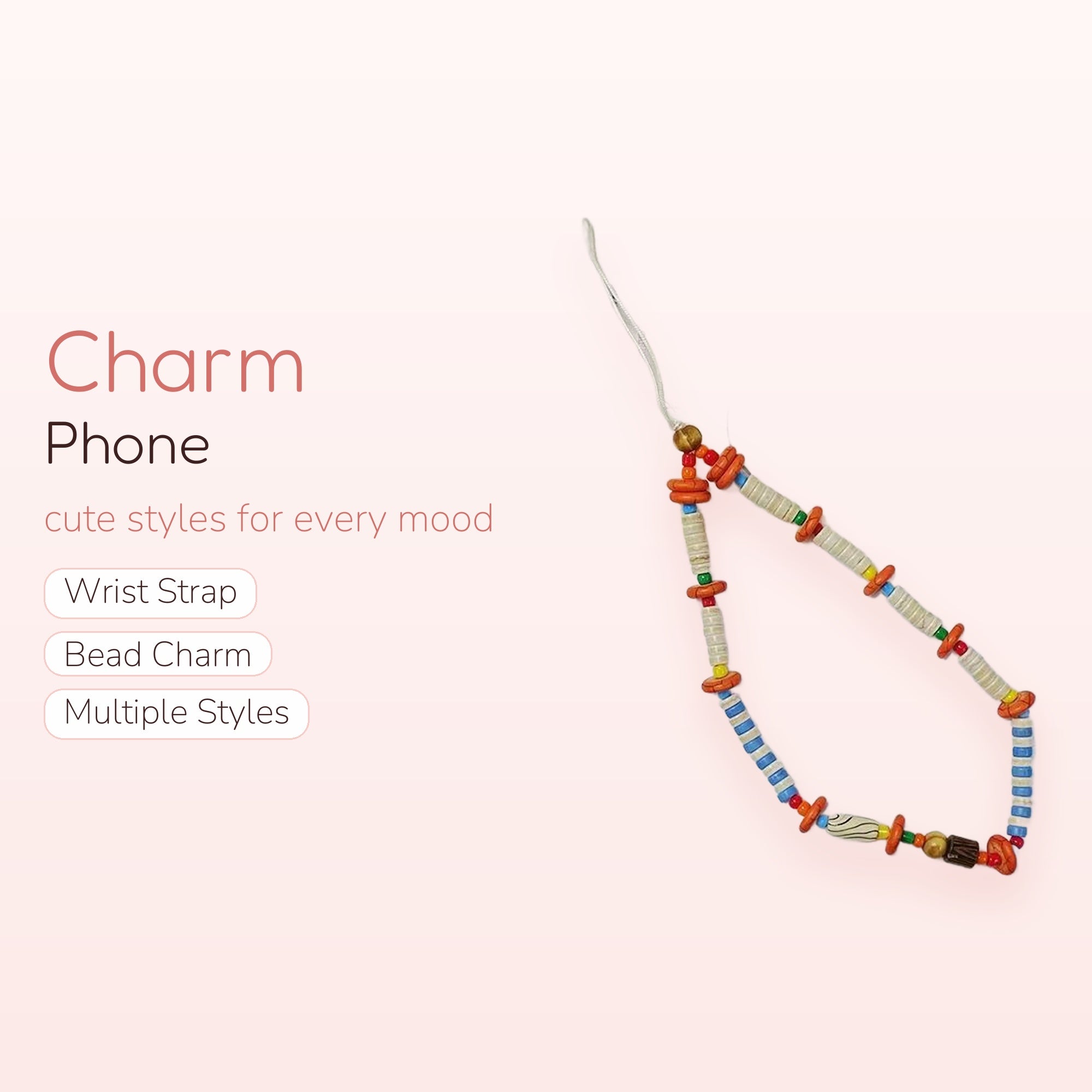 Boho Beaded Phone Charm Strap | Colorful Clay & Shell Bead Wrist Lanyard