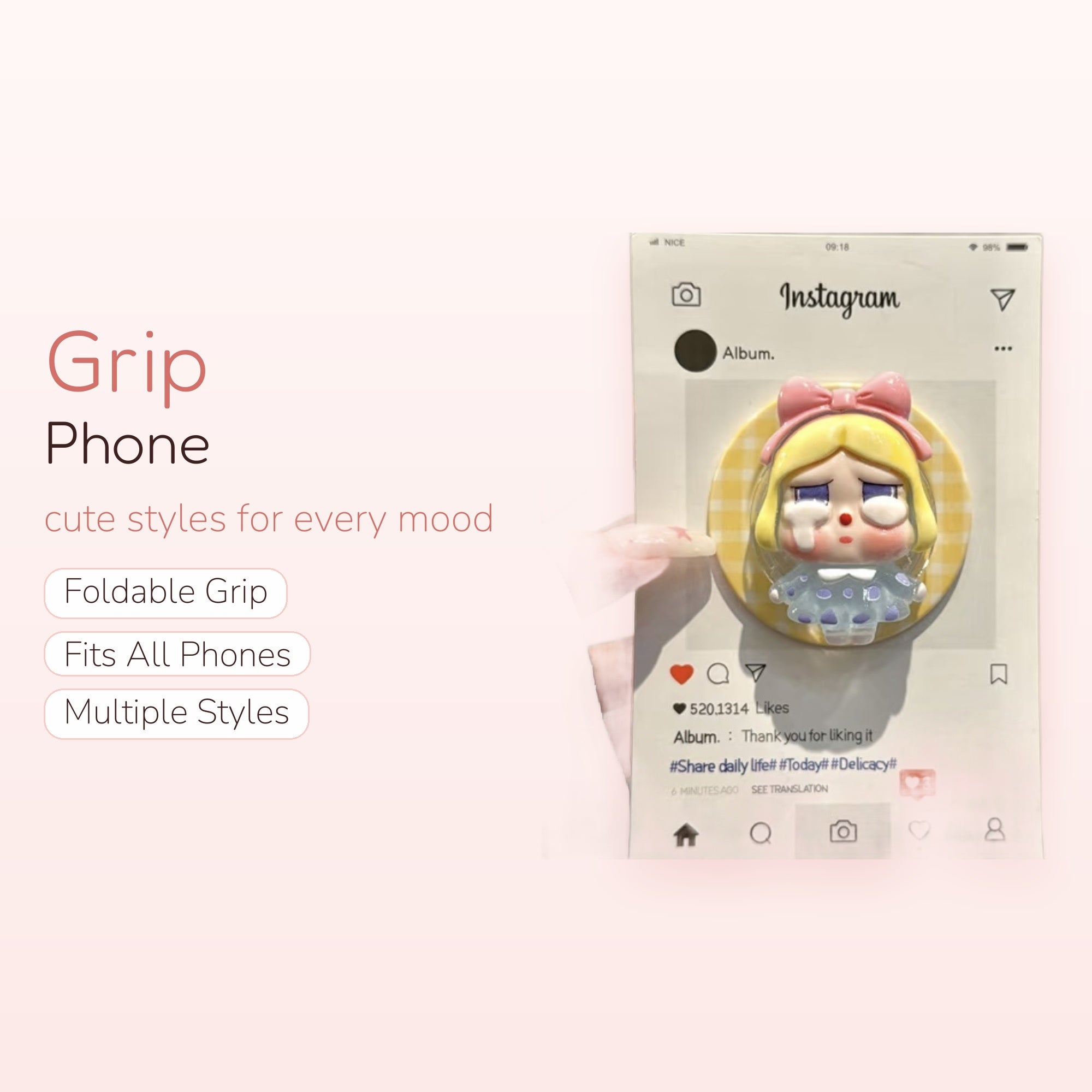 Crying Anime Girl Phone Grip | Kawaii Instagram Pop Socket Stand