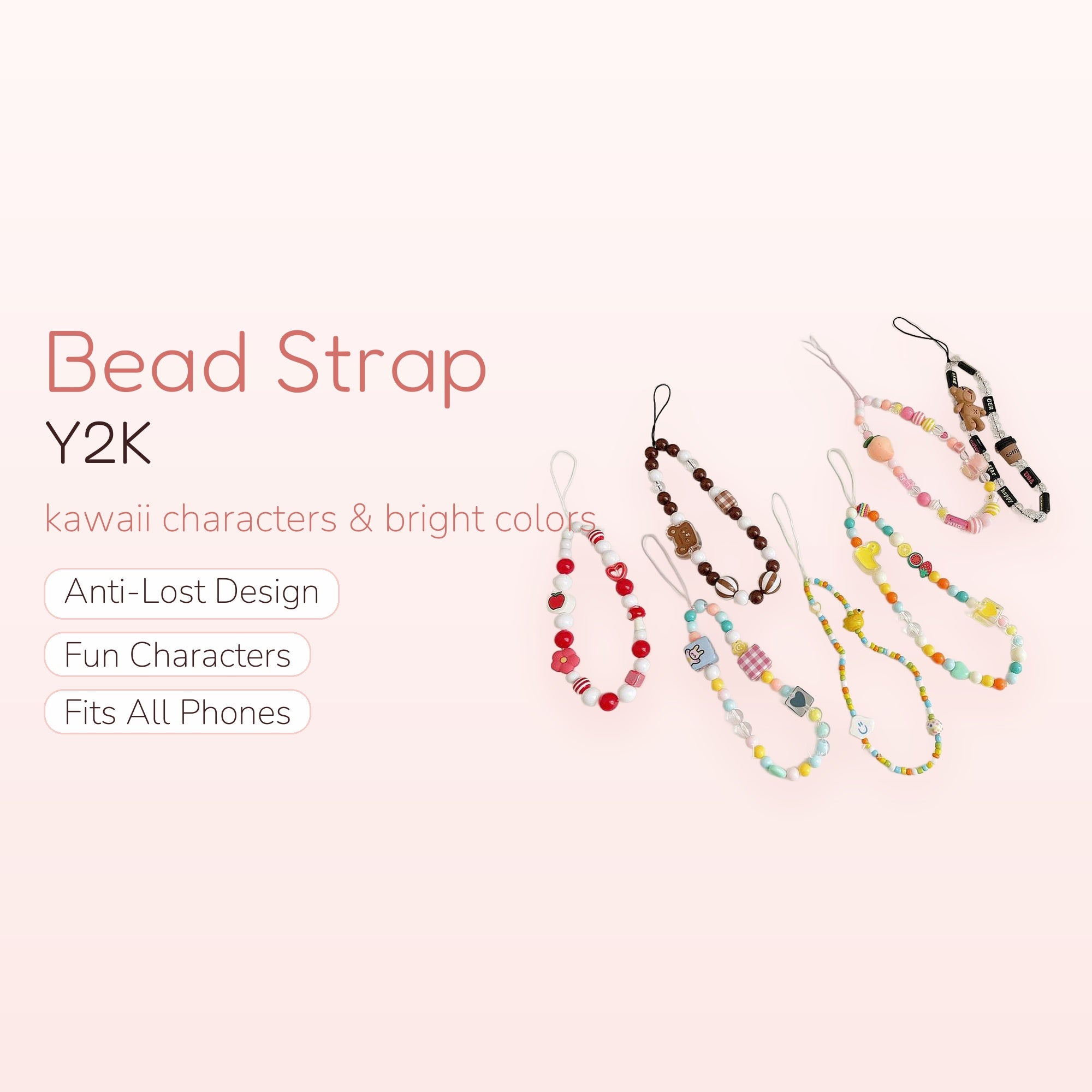 Y2K Kawaii Beaded Phone Charm Strap | Character Wrist Lanyard