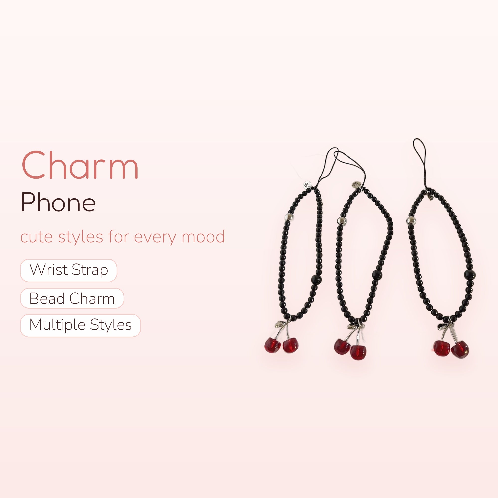 Black Beaded Cherry Phone Charm Strap | Cute Red Cherry Wrist Lanyard