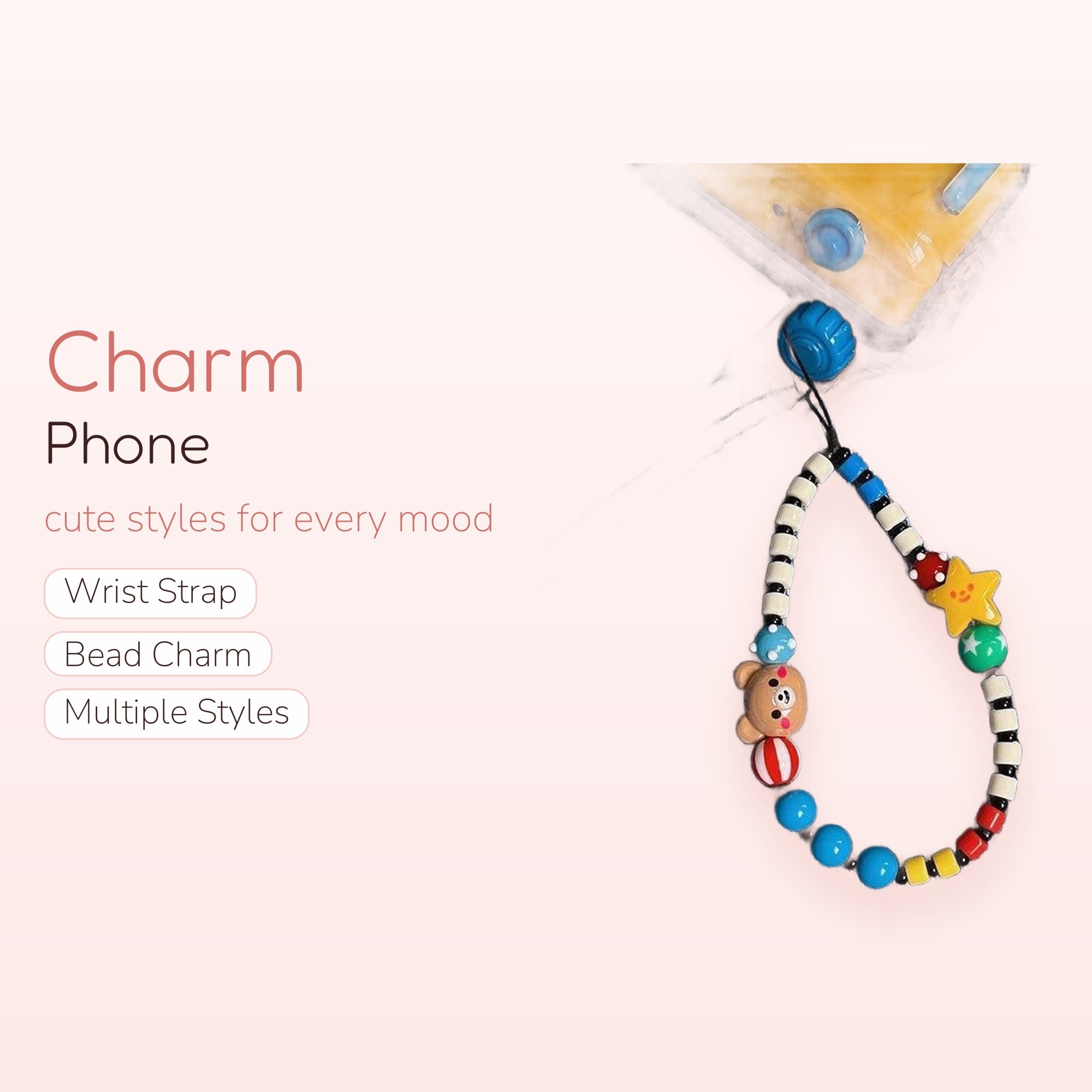 Y2K Beaded Phone Charm Strap | Cute Bear & Star Wrist Lanyard